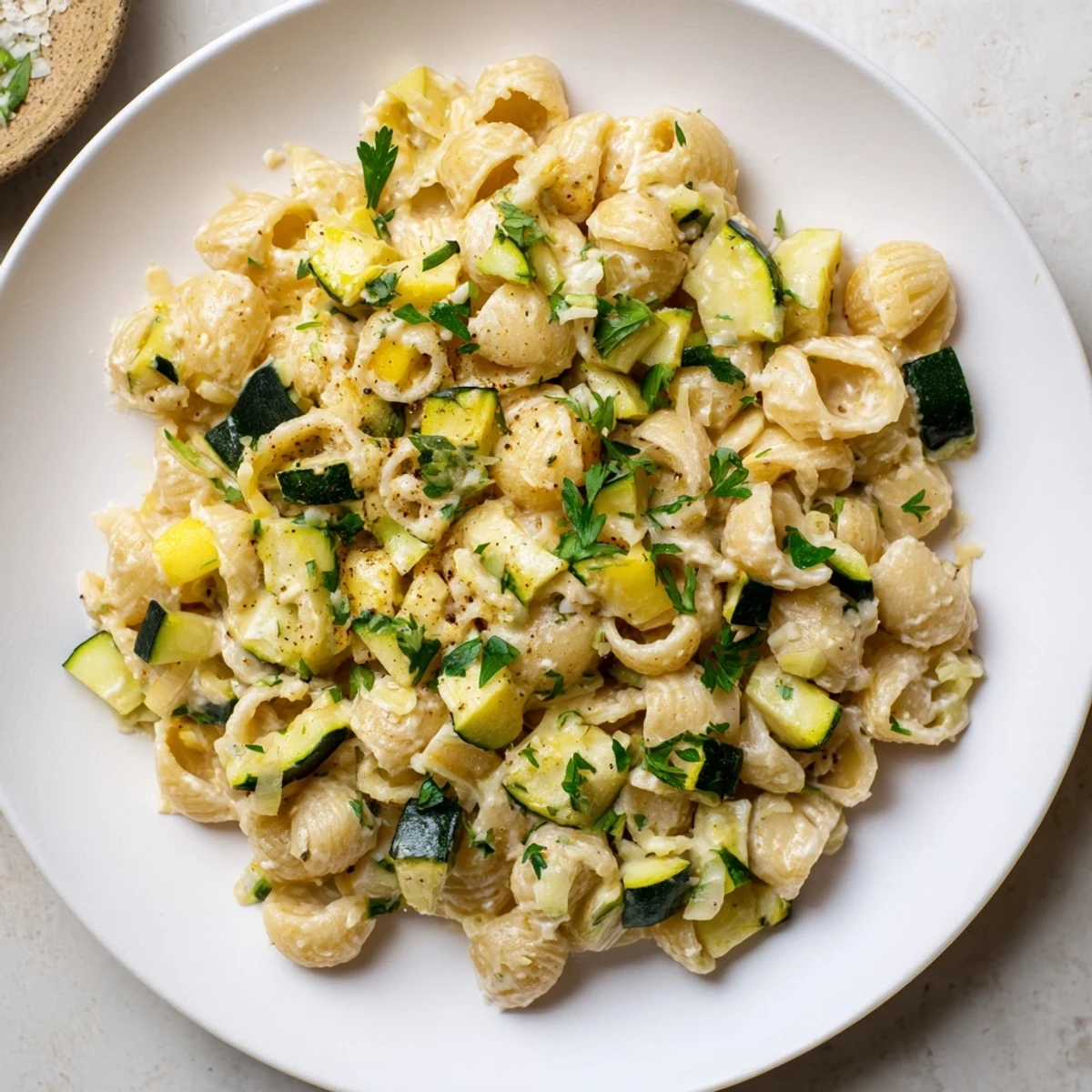 Steaming bowl of One-Pot Creamy Zucchini Ditalini pasta, garnished with fresh parsley and Parmesan.