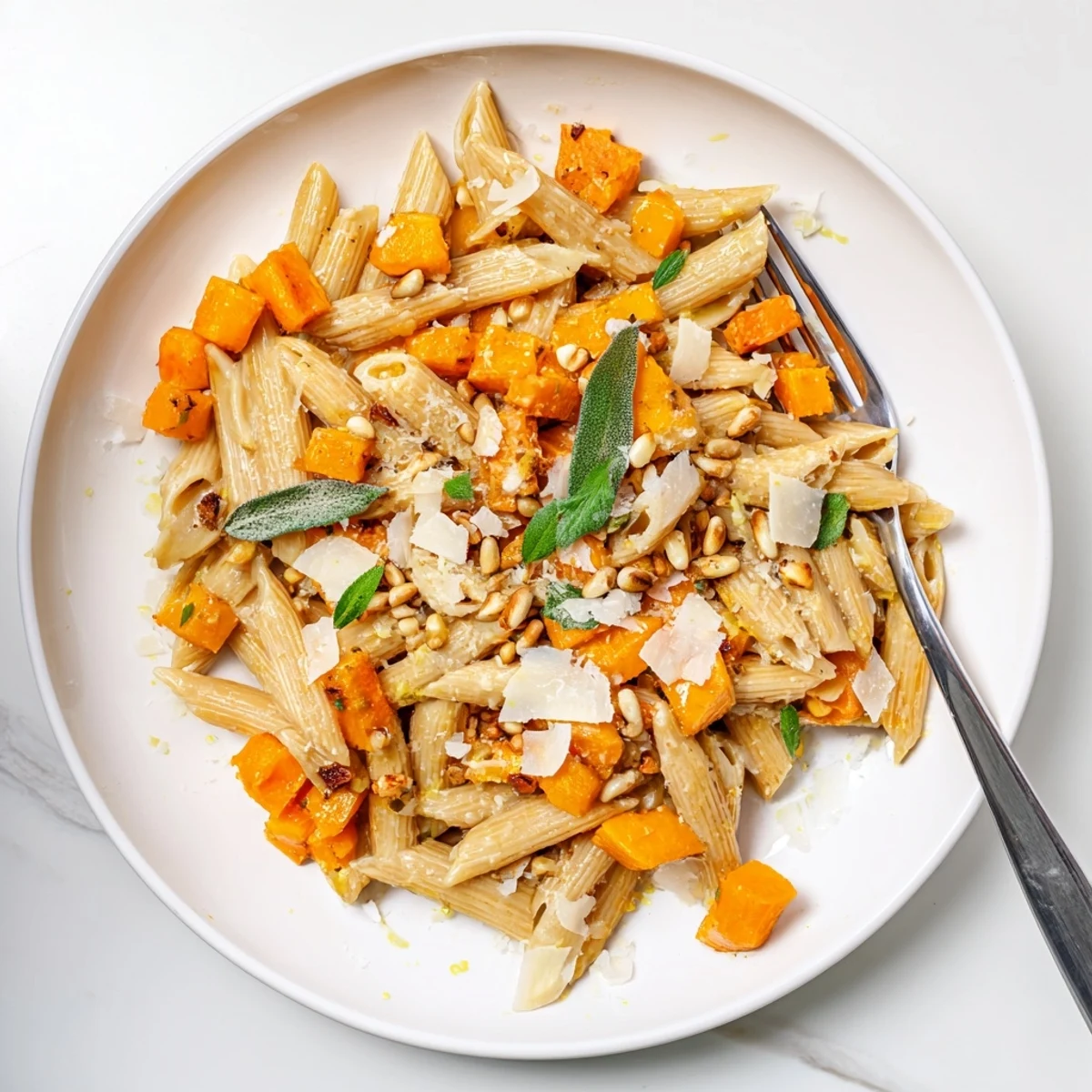 Golden brown Butternut Squash & Sage Brown Butter Pasta, ready to serve with Parmesan and fresh sage.