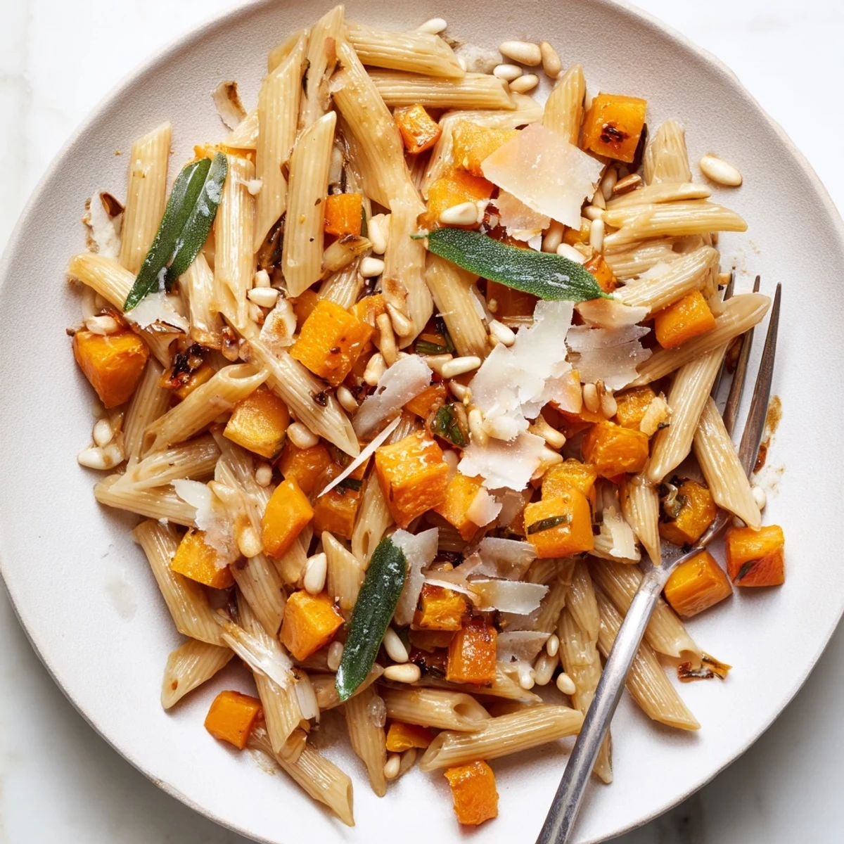 A comforting bowl of Butternut Squash & Sage Brown Butter Pasta, with tender squash and whole wheat pasta.