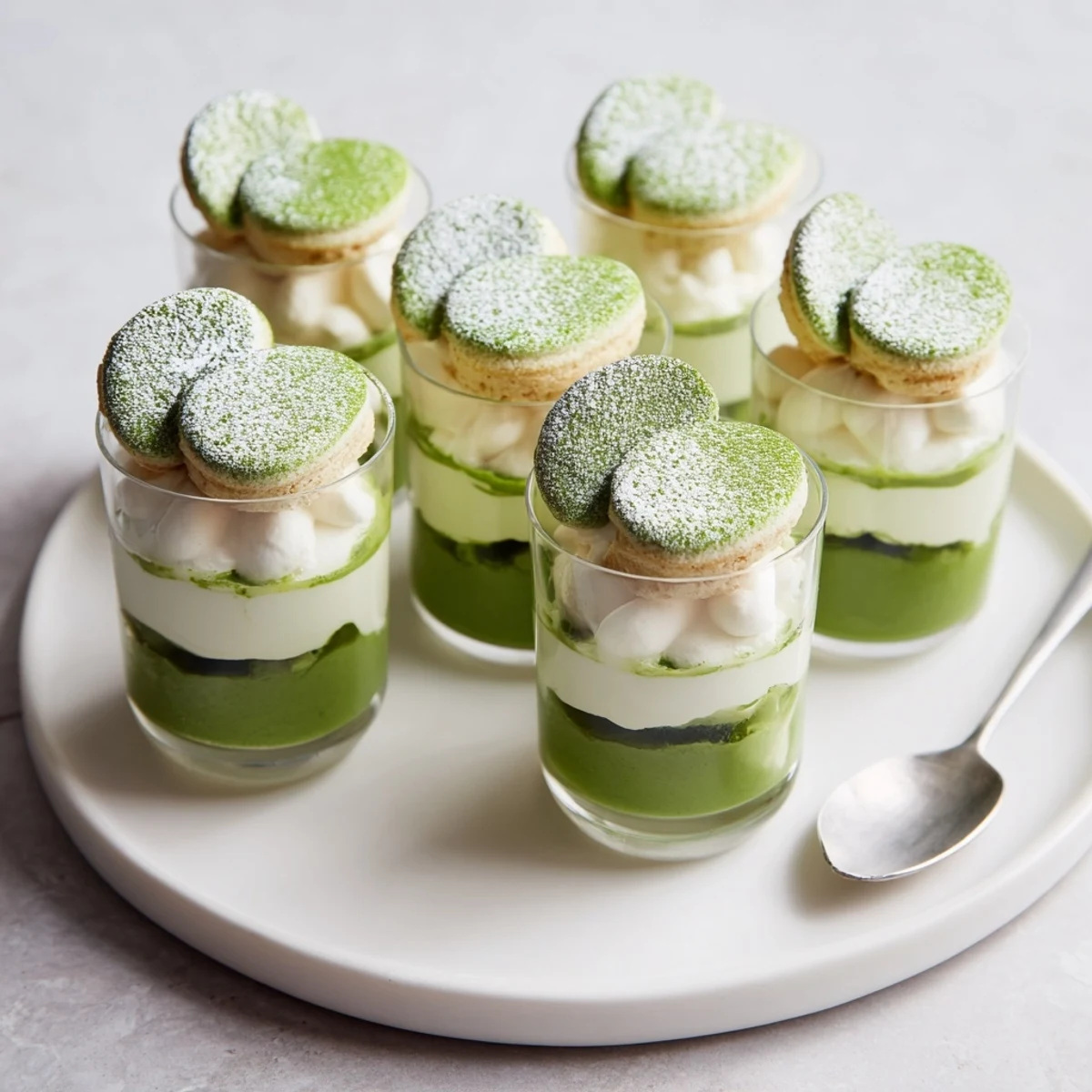 Enjoy a spoonful of chilled Matcha Mascarpone Tiramisu Snow Cups after 2 hours setting in the fridge.