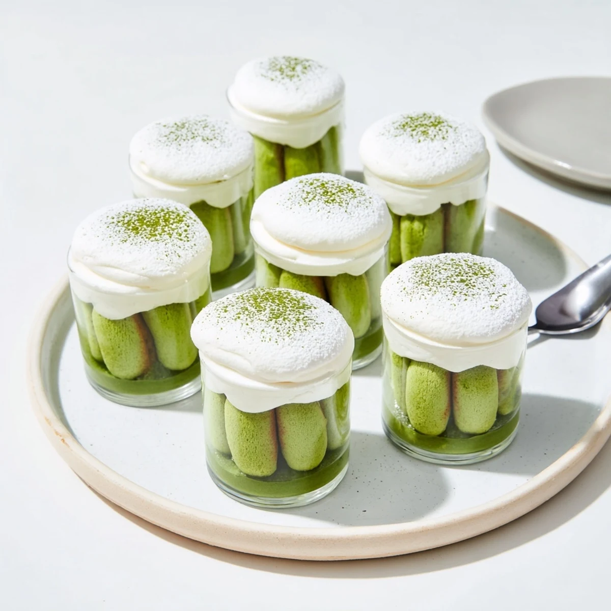 These Matcha Mascarpone Tiramisu Snow Cups feature beautiful layers of light-green matcha, delicious mascarpone.