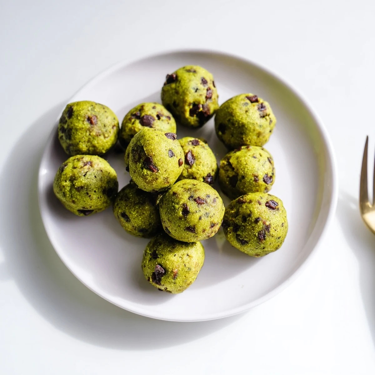 Matcha Gingerbread Cookie Dough Protein Bites, rolled into perfect spheres, look delicious for a snack.