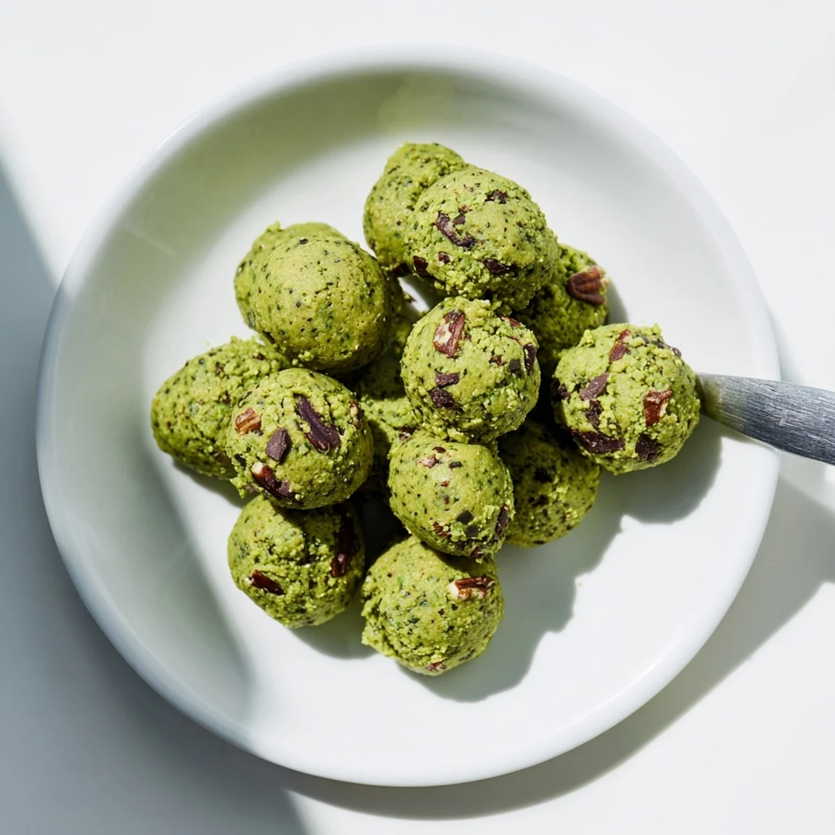 A close-up of a batch of Matcha Gingerbread Cookie Dough Protein Bites, ready to enjoy as a quick, healthy treat.