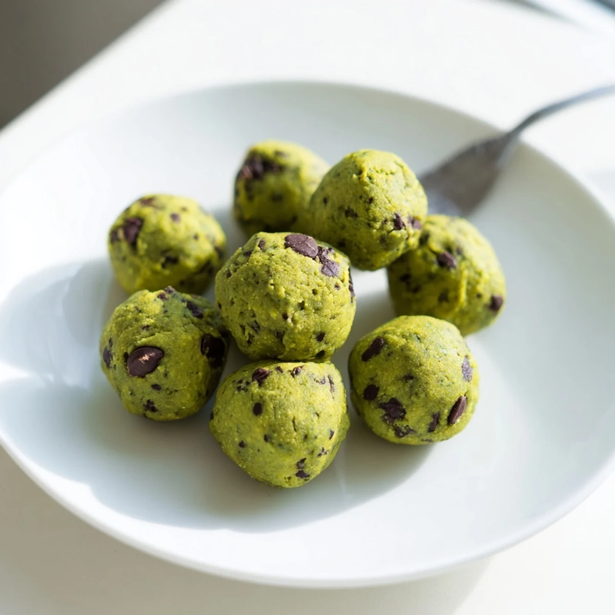 These no-bake Matcha Gingerbread Cookie Dough Protein Bites boast a vibrant green hue with chocolate chips visible.