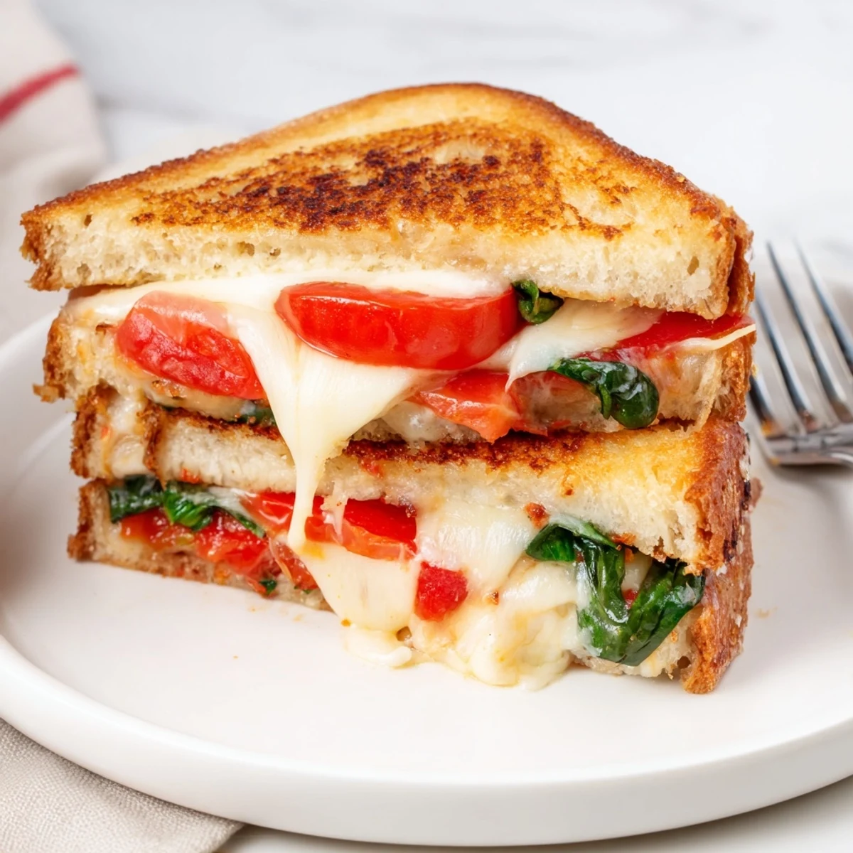 Air Fryer Pizza Margherita Grilled Cheese, showcasing melted mozzarella and ripe tomatoes, ready to enjoy.