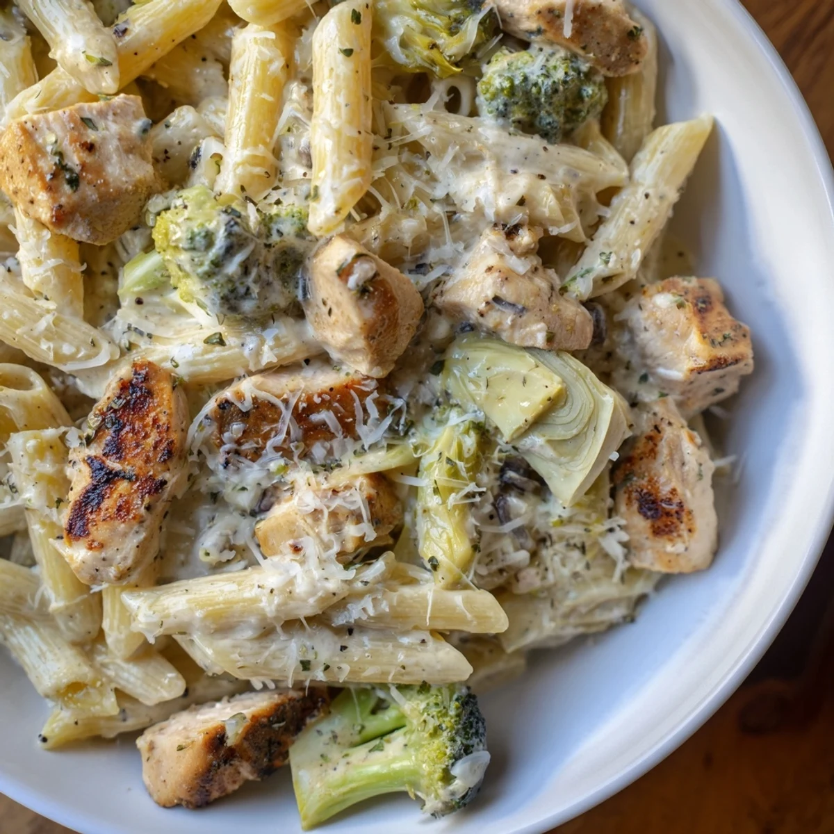 A steaming skillet of Creamy Spinach Artichoke Protein Pasta, the perfect one-pan dinner idea.