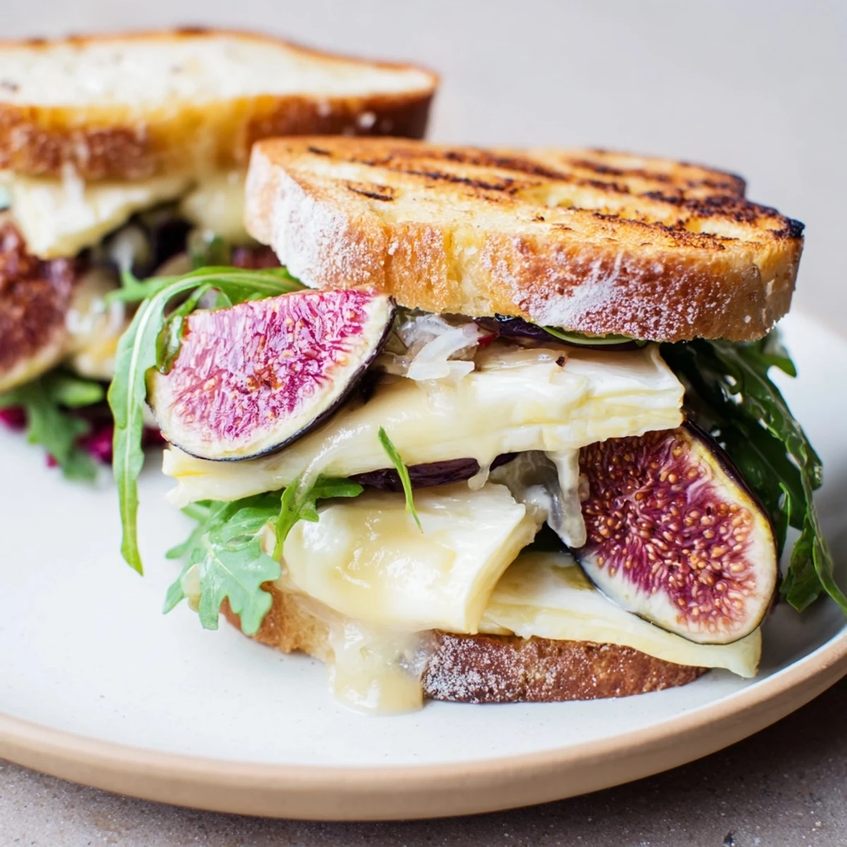 Melting Brie and peppery arugula star in this delicious Fig, Brie & Arugula fancy grilled cheese sandwich.
