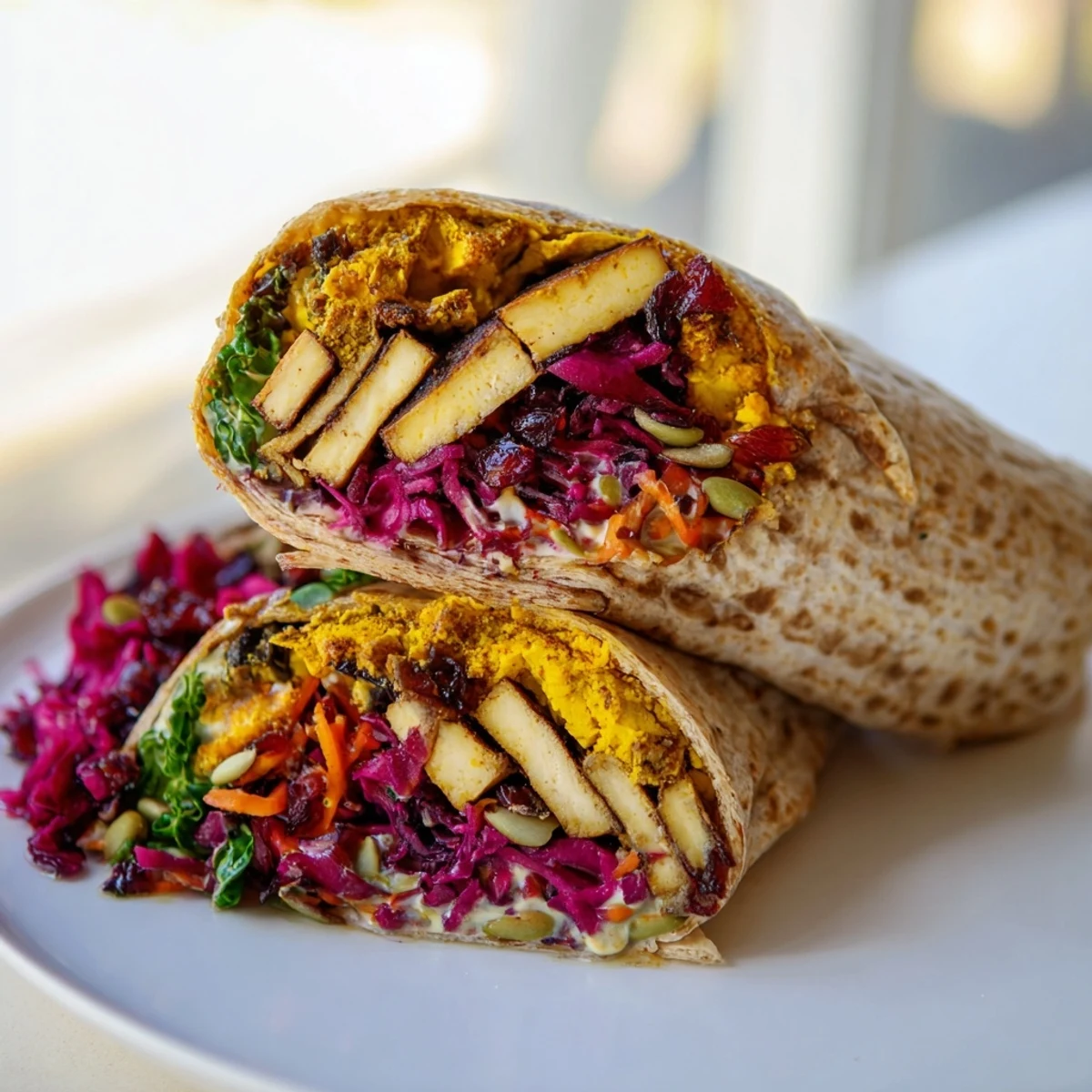 Golden, crispy sweet chili tofu nestled in a vibrant crunch wrap with holiday slaw, ready to eat.