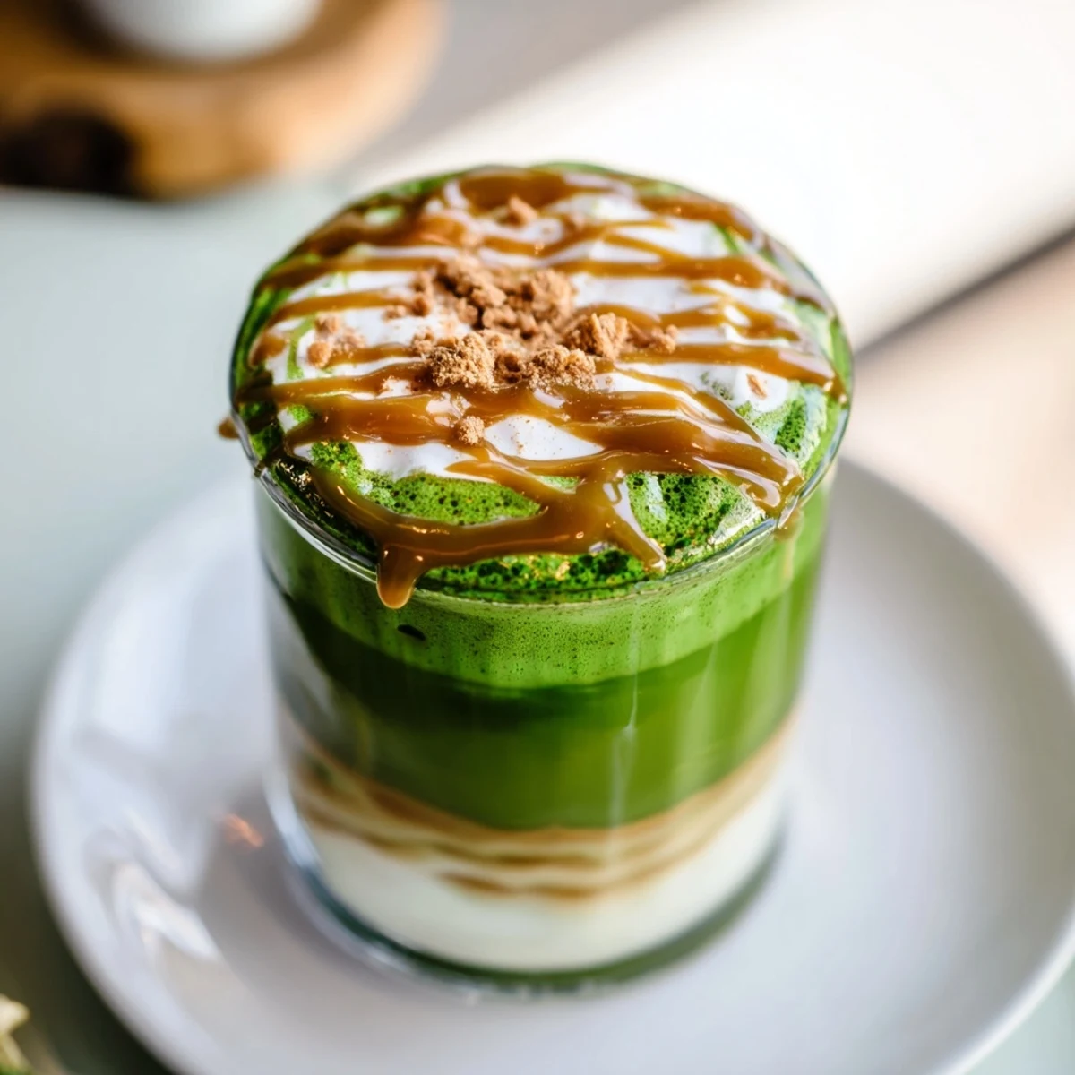 Tall glass of Caramel Brulée Iced Matcha Christmas Coffee Dupe, layered with matcha, coffee, and caramel drizzle.