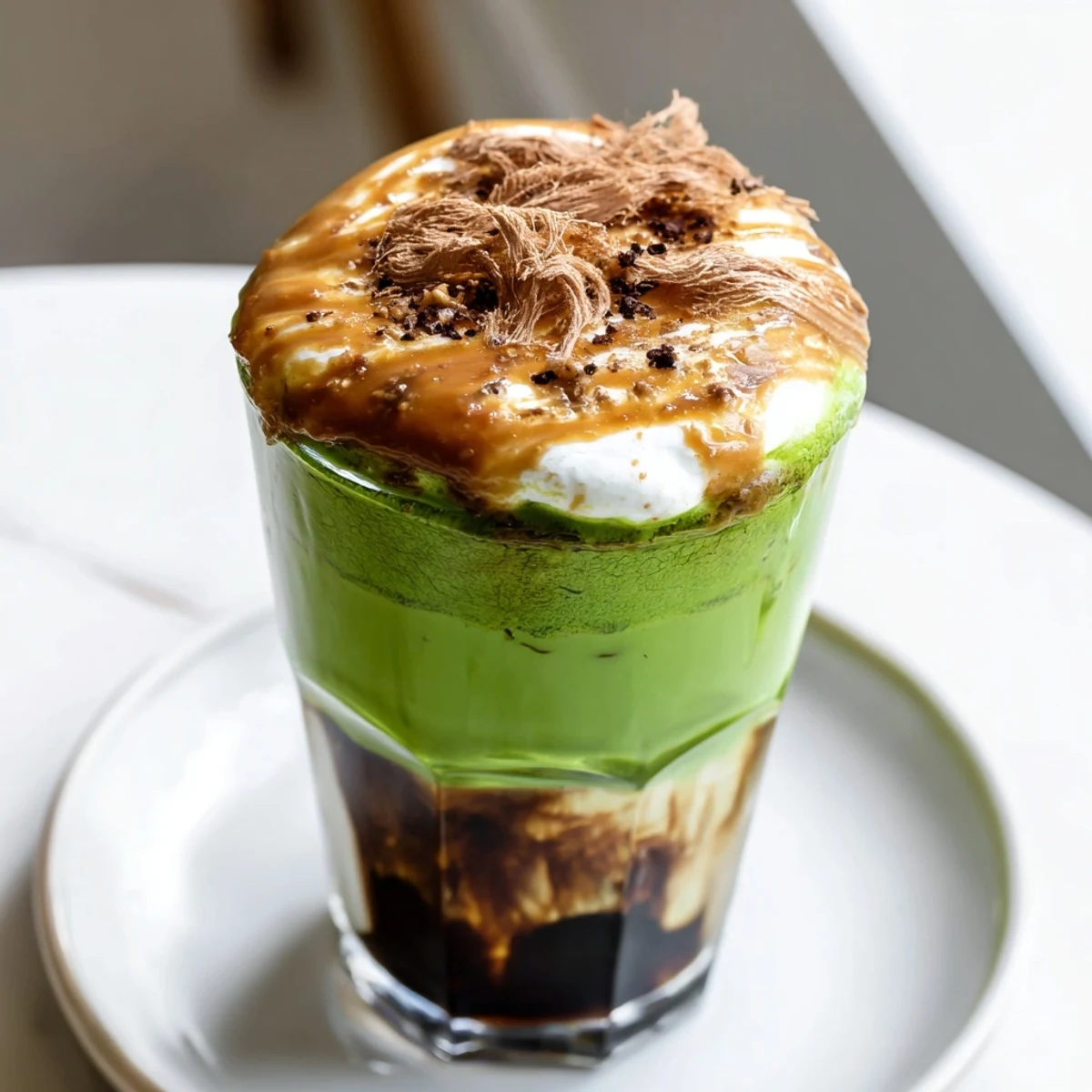 Iced Caramel Brulée Matcha Christmas Coffee Dupe topped with whipped cream and caramel crumbs for a festive treat.