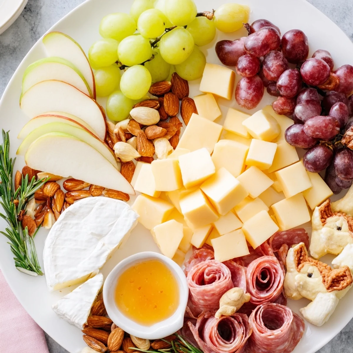 Cozy Forest Animal Board presented, overflowing with cheeses, fruits, and crackers perfect for grazing.