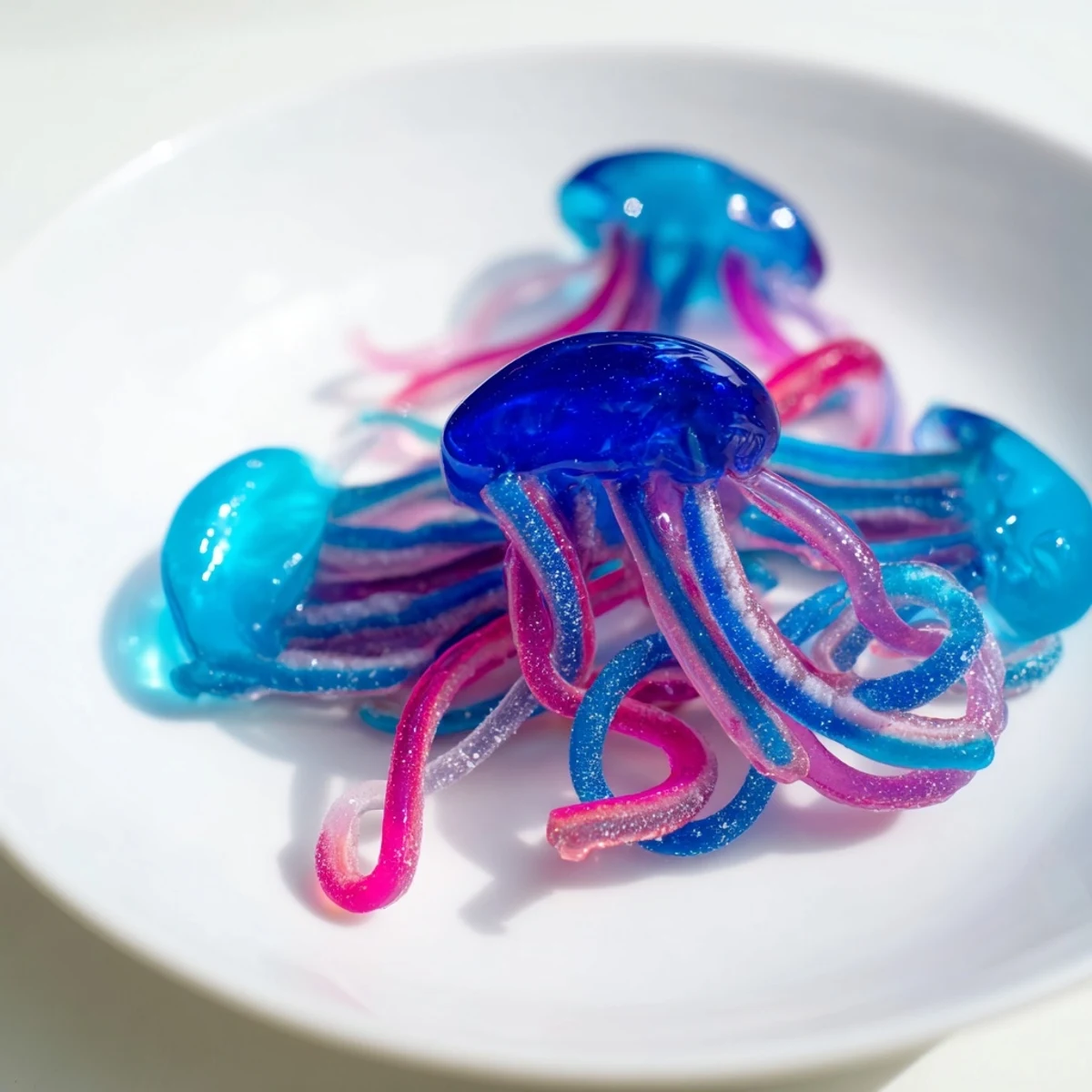 A beautifully arranged Jellyfish Candy Platter with colorful, glistening gummies and sweet treats.