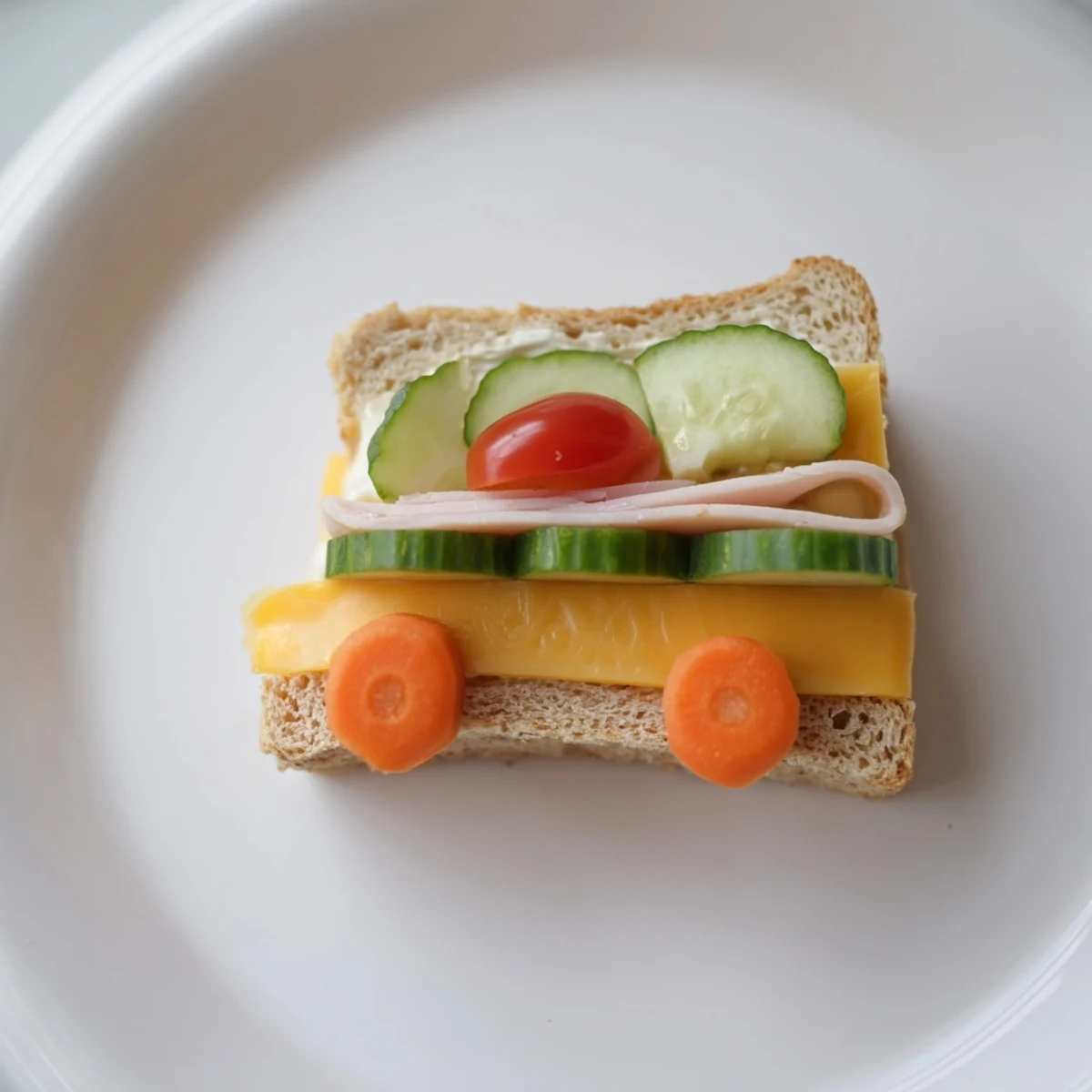 Road Trip Ready Car-Shaped Lunch: a delightful sandwich assembled into a fun, edible car design, served with fresh carrot sticks.
