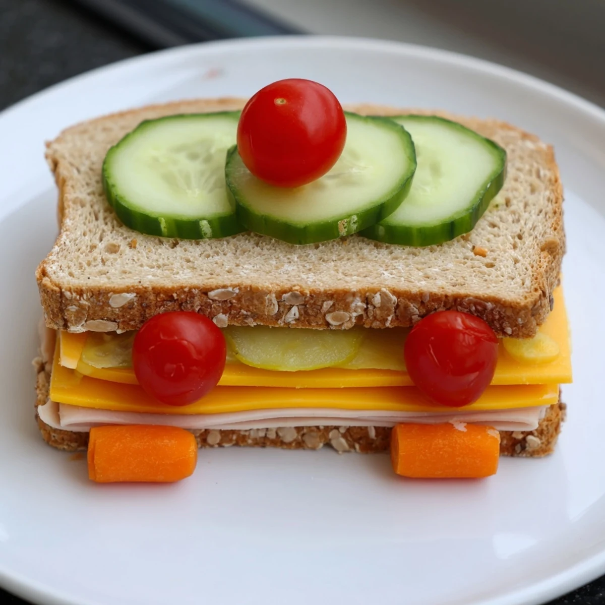 Visualizing a colorful Road Trip Ready Car-Shaped Lunch lunchbox: car-shaped sandwiches with grapes and pretzels.