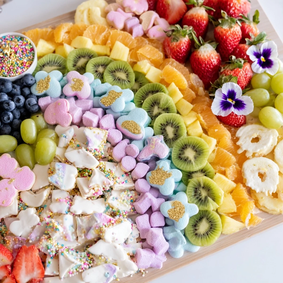 Vibrant Magical Unicorn Rainbow Dessert Board, a delicious and colorful party platter with fresh fruits and candies.