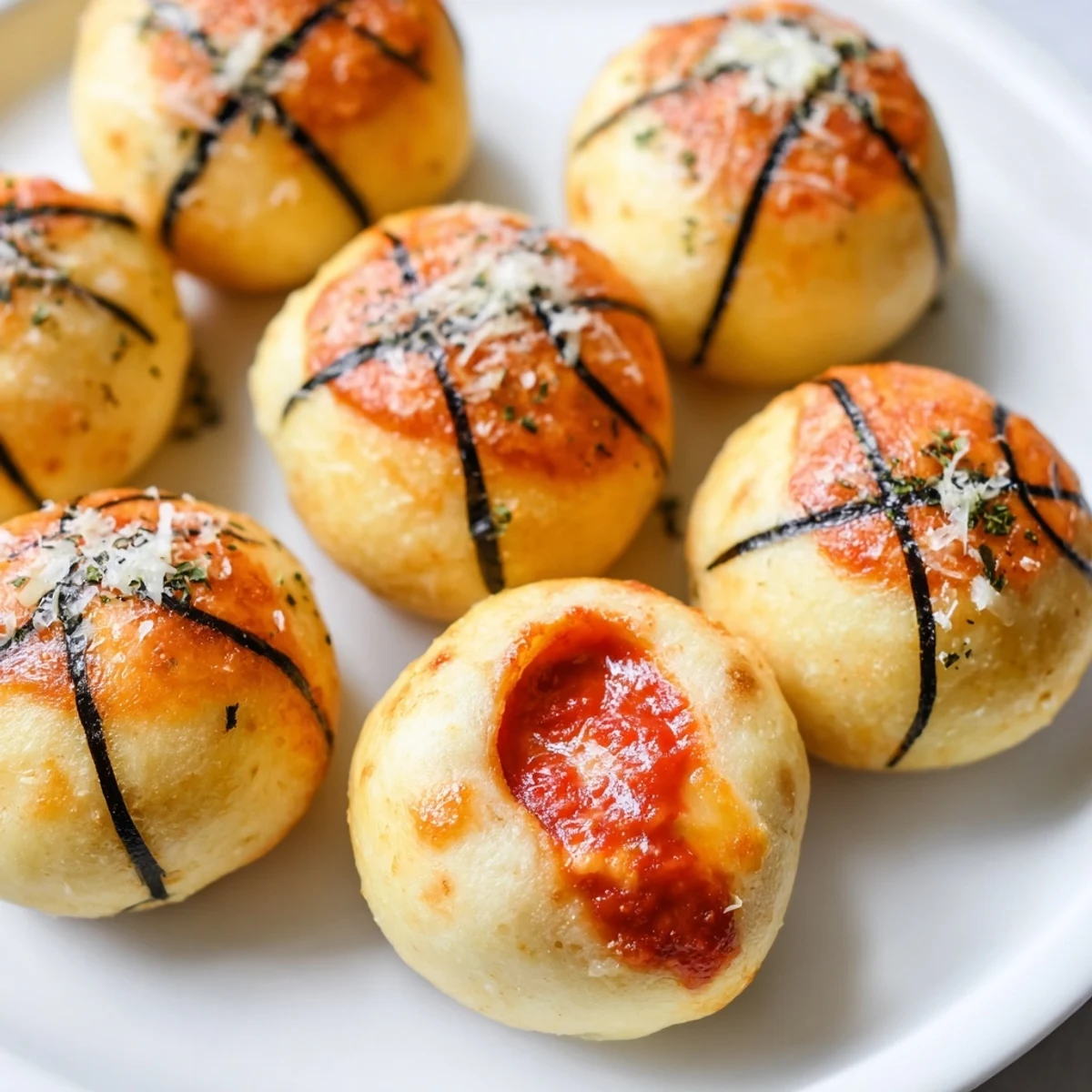 Golden, bubbly Slam Dunk Basketball Pizza Bites ready to be dunked in pizza sauce for dipping.