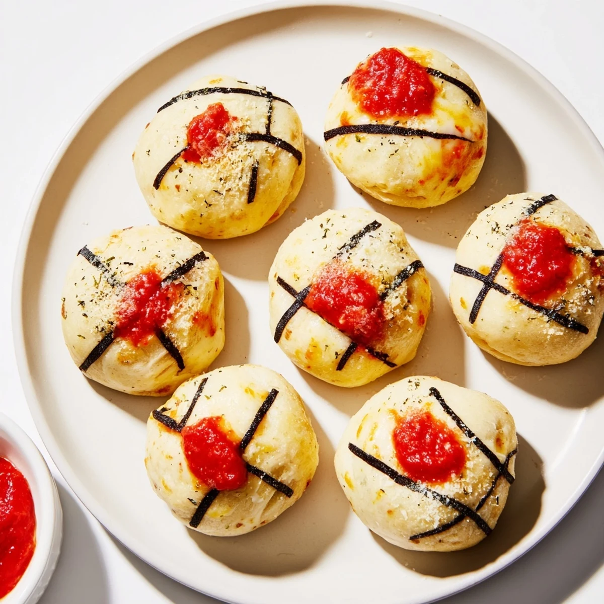 Close-up of baked Slam Dunk Basketball Pizza Bites, showcasing cheesy filling and pepperoni.