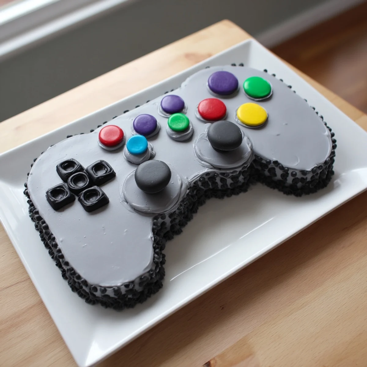 This decorated, pixel perfect board game controller cake is a delicious treat with colorful candy buttons.
