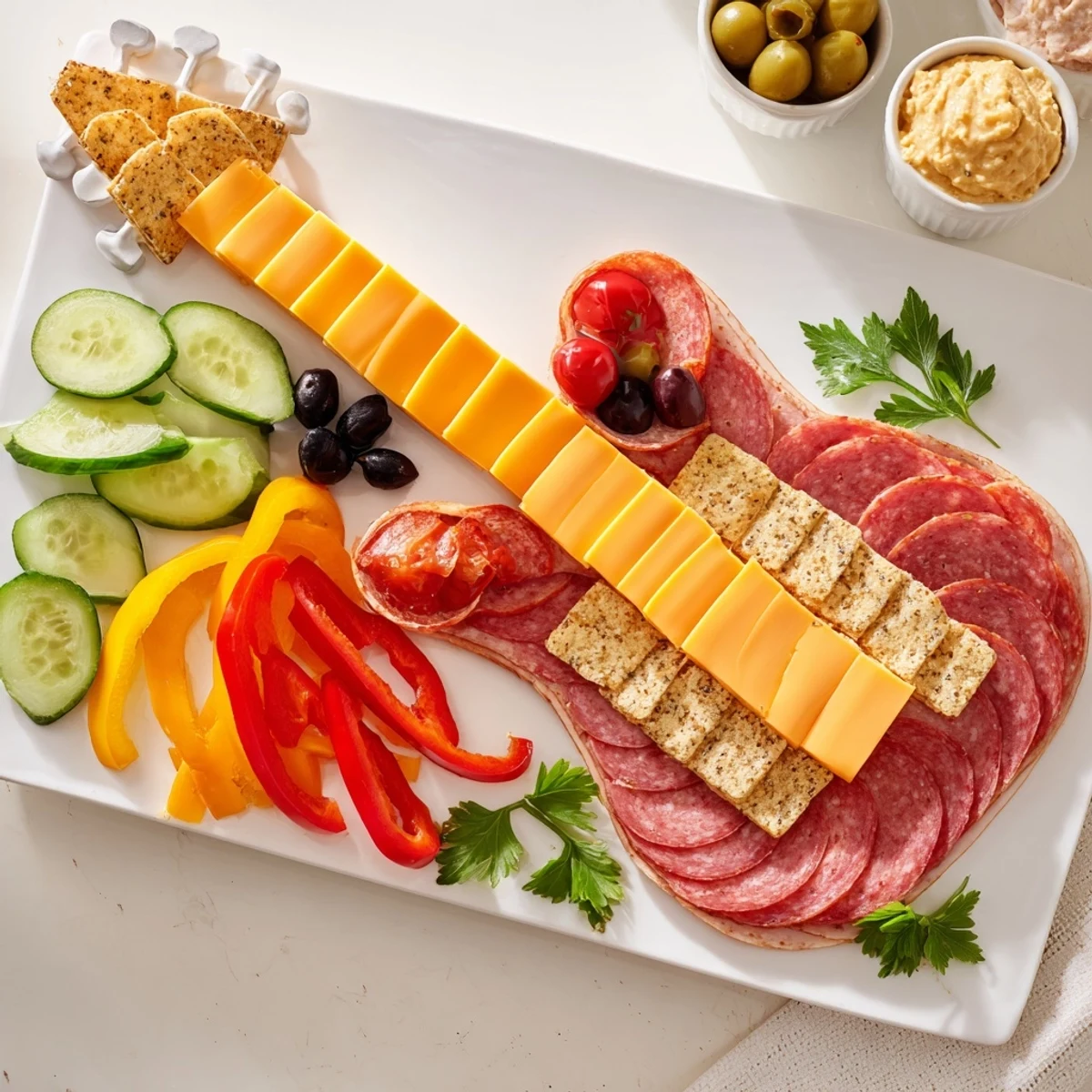 A colorful Rock Star Guitar Snack Platter, a visually exciting appetizer perfect for a party.