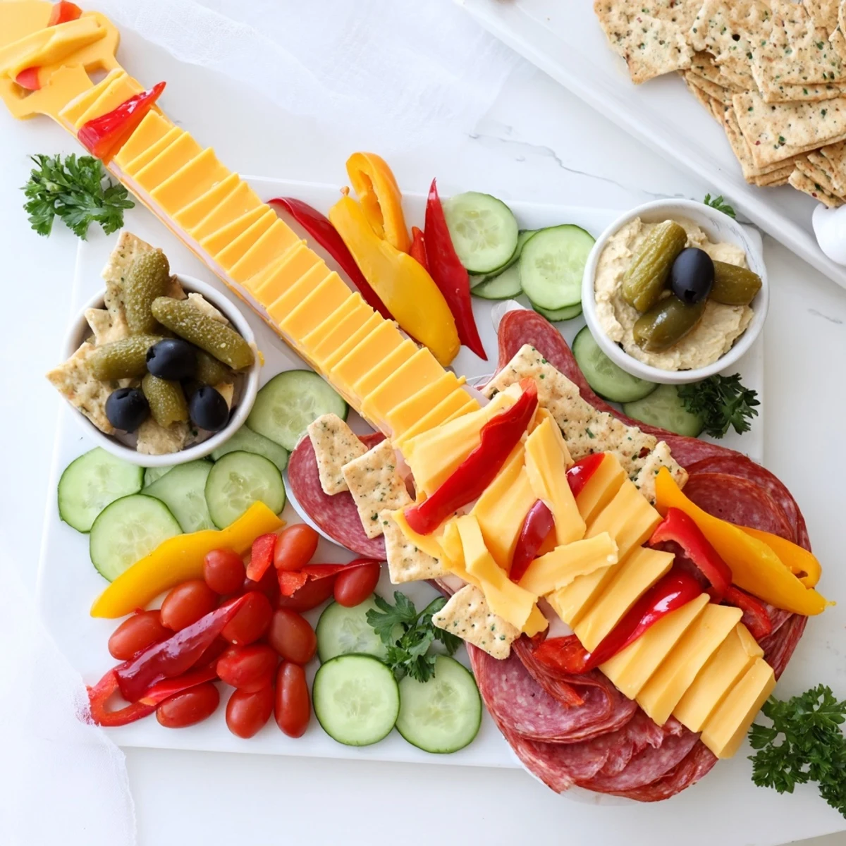 The guitar-shaped Rock Star Snack Platter features cheese, crackers, and veggies for snackers.