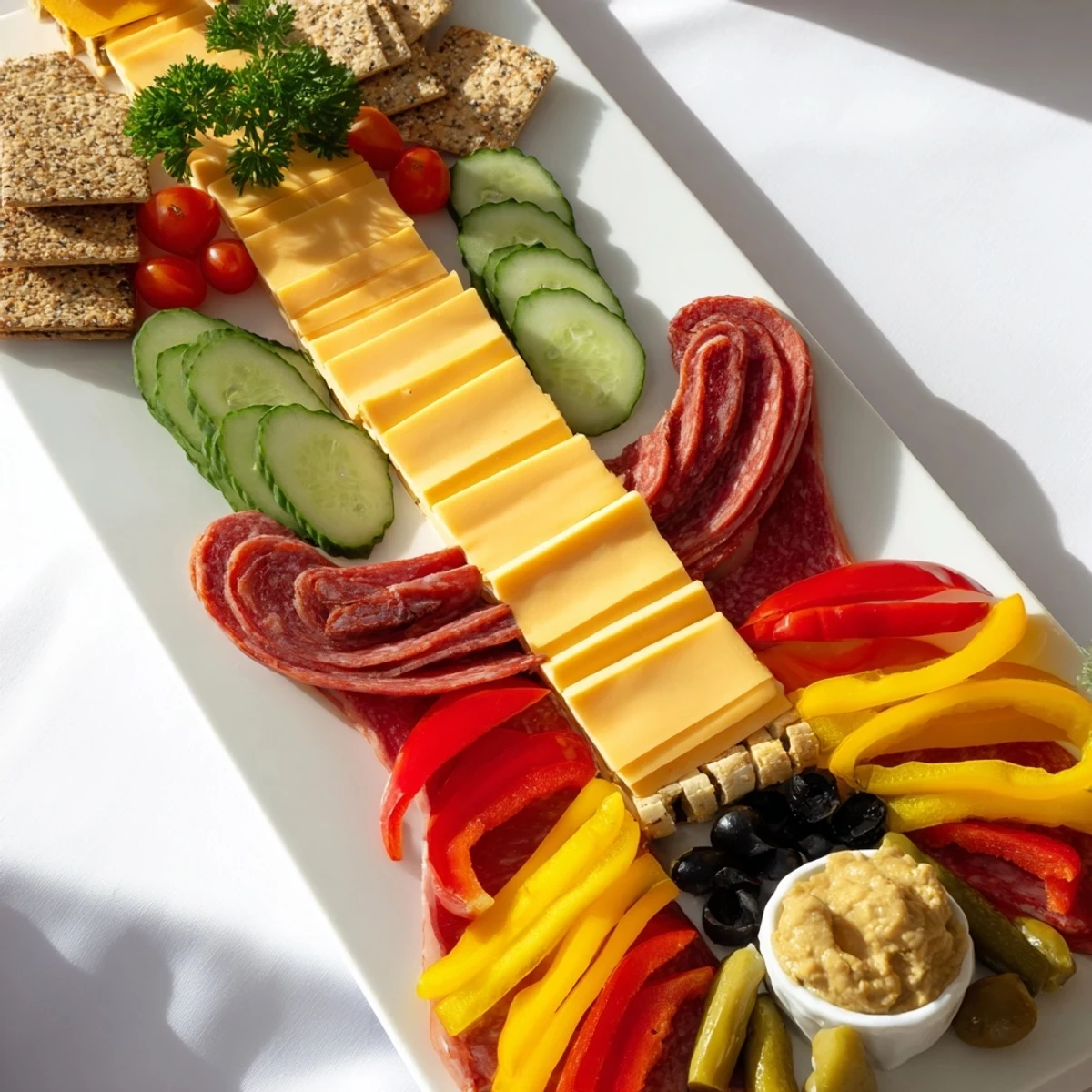 This Rock Star Guitar Snack Platter displays vibrant veggies and savory cheeses, ready to enjoy.