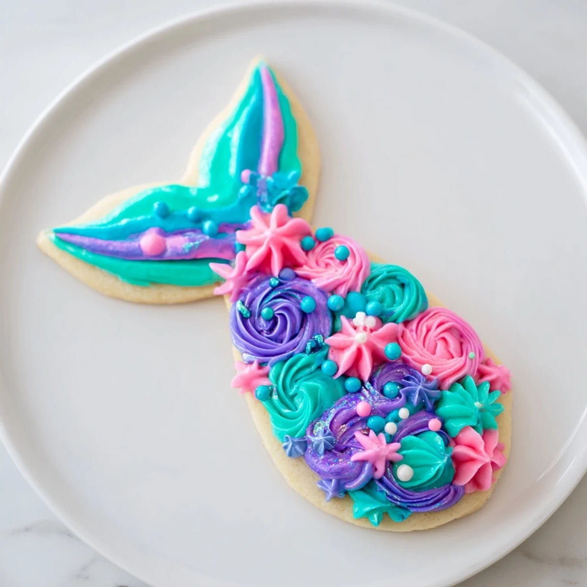 Delicious Mermaid Tail Under the Sea Sweets, vibrant with shimmering buttercream and colorful candy pearls.