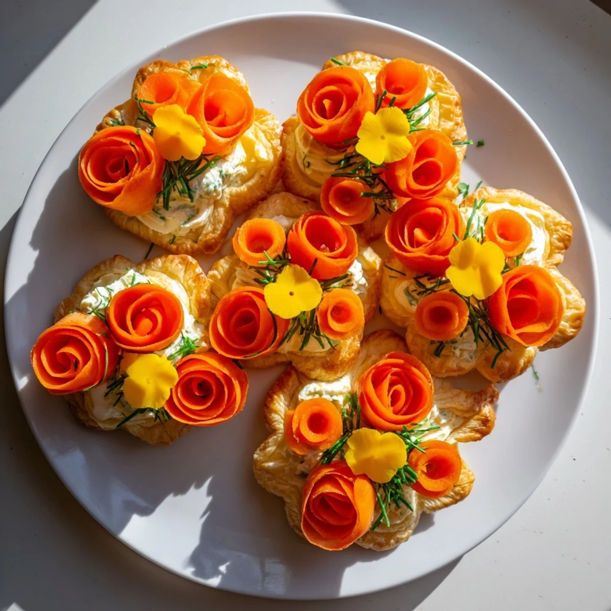 Golden, baked Fairy Garden Flower Shaped Snacks with vibrant vegetable petals, ready to eat.