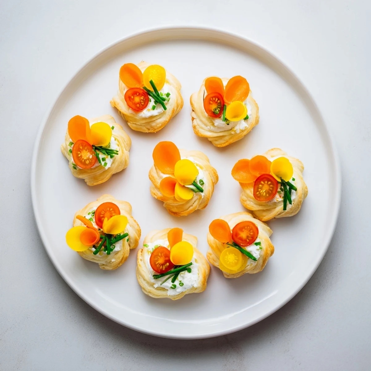 Close-up of colorful Fairy Garden Flower Shaped Snacks, creamy filling and fresh vegetable toppings visible.