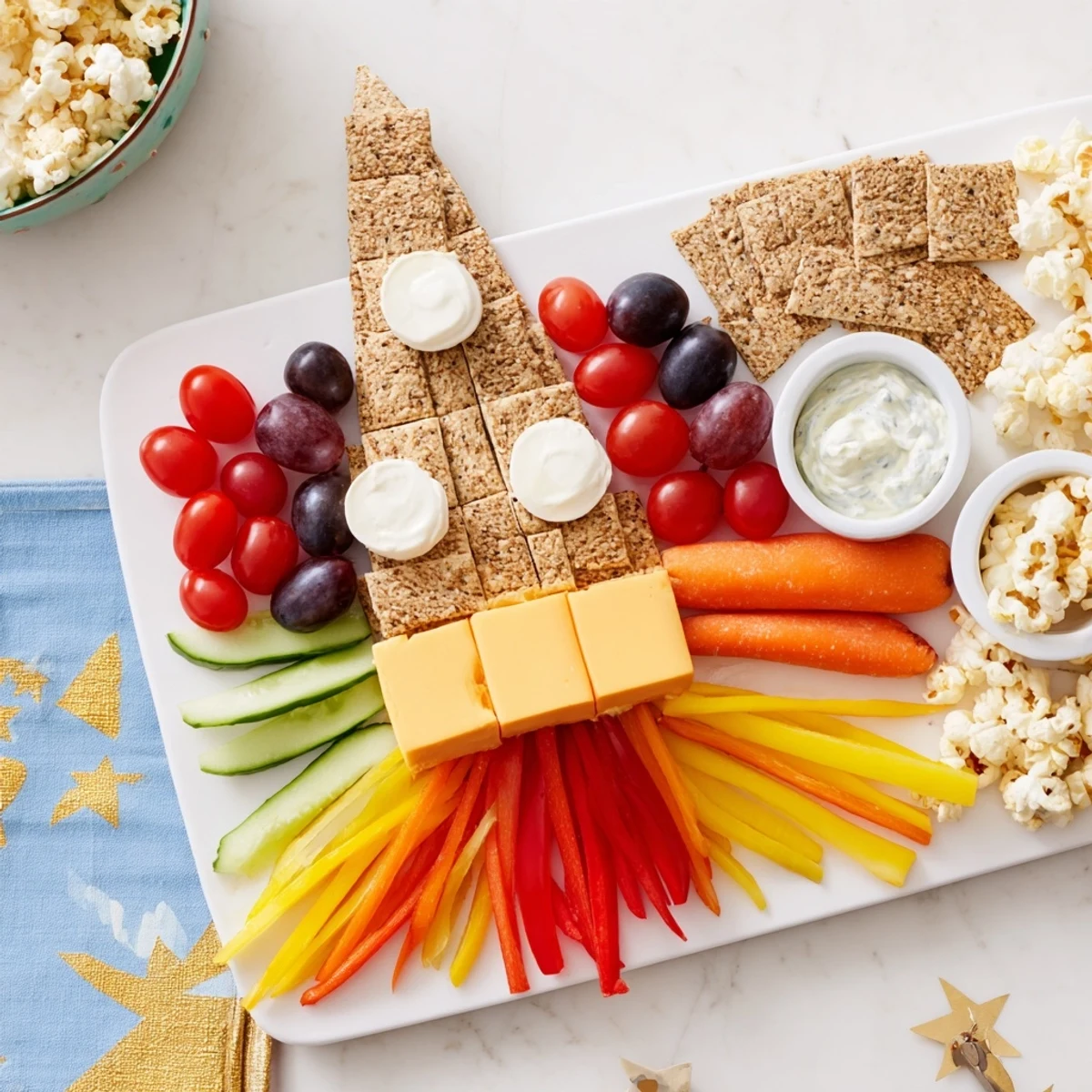 Blast Off Spaceship Snack Board: A colorful, nutritious snack board with grapes, cheese, and crunchy veggies.