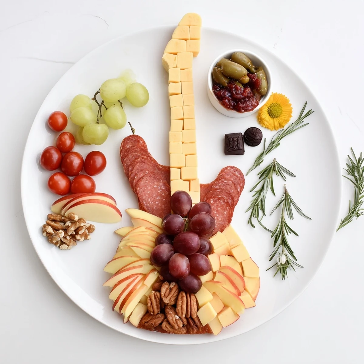 Rock Star Guitar Platter: A vibrant guitar-shaped appetizer featuring cheese, meats, and crunchy bites for a party.