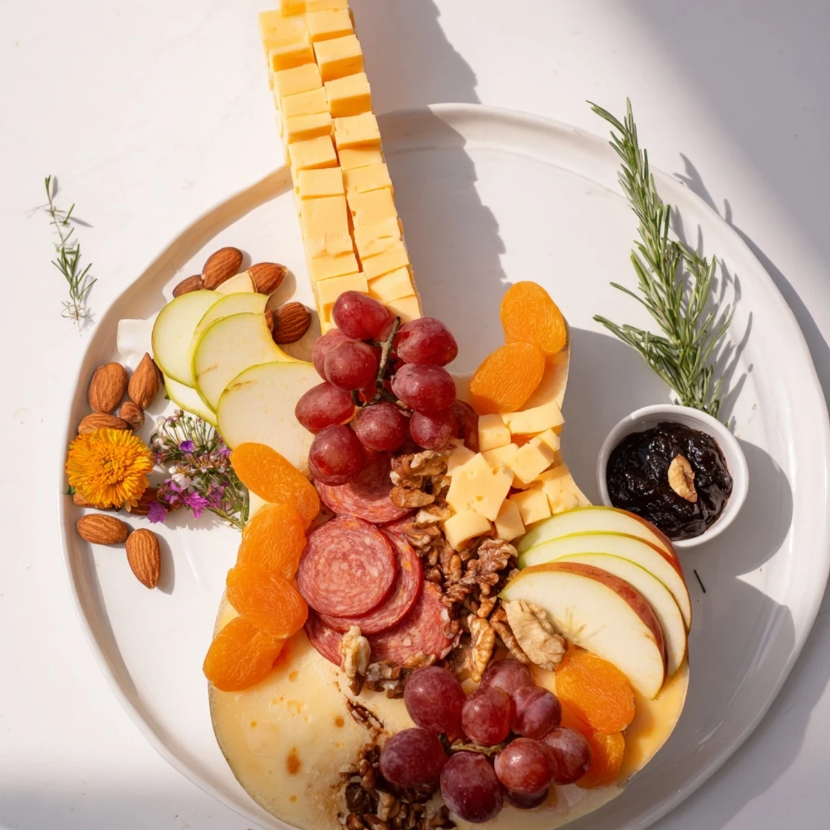 Delicious Rock Star Guitar Platter arranged with cheese, meats, crackers, and fruit bursting with flavor and texture.