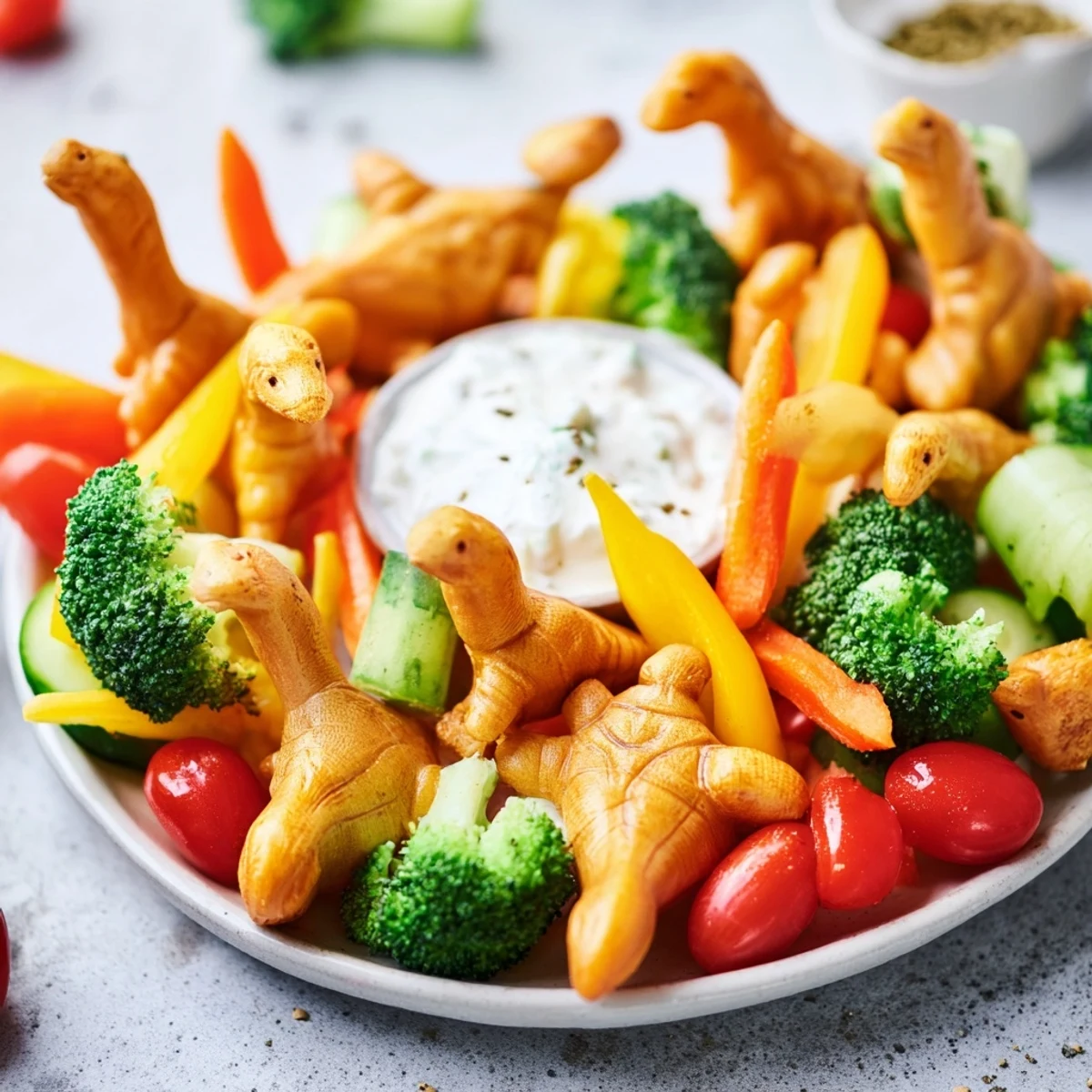 Vibrant Dinosaur Bone Prehistoric Crudités, a kid-friendly platter with colorful veggies and crunchy breadsticks.