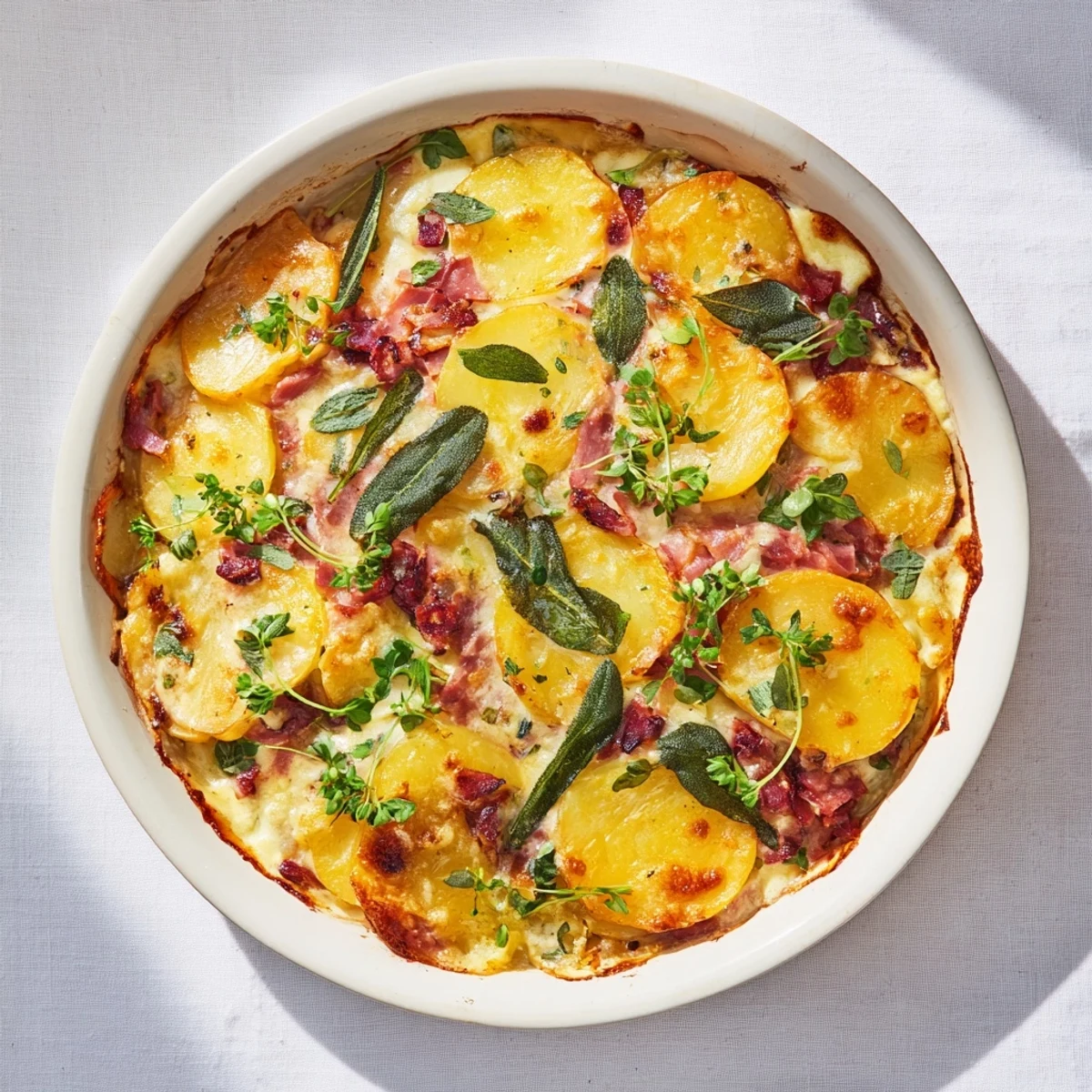 Plateau Moufle Chaud et Confortable featuring layers of golden potatoes, oozing cheese, and savory ham for a comforting meal.