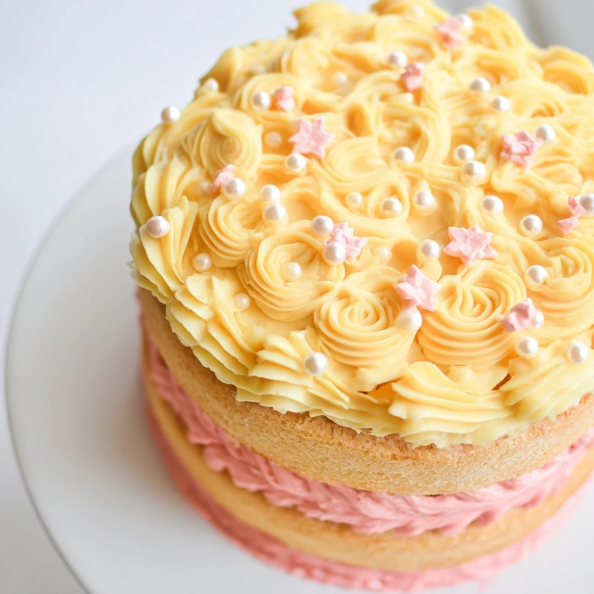 A multi-layered Château de Princesse Cœurs et Étoiles cake, frosted with pink and yellow buttercream.