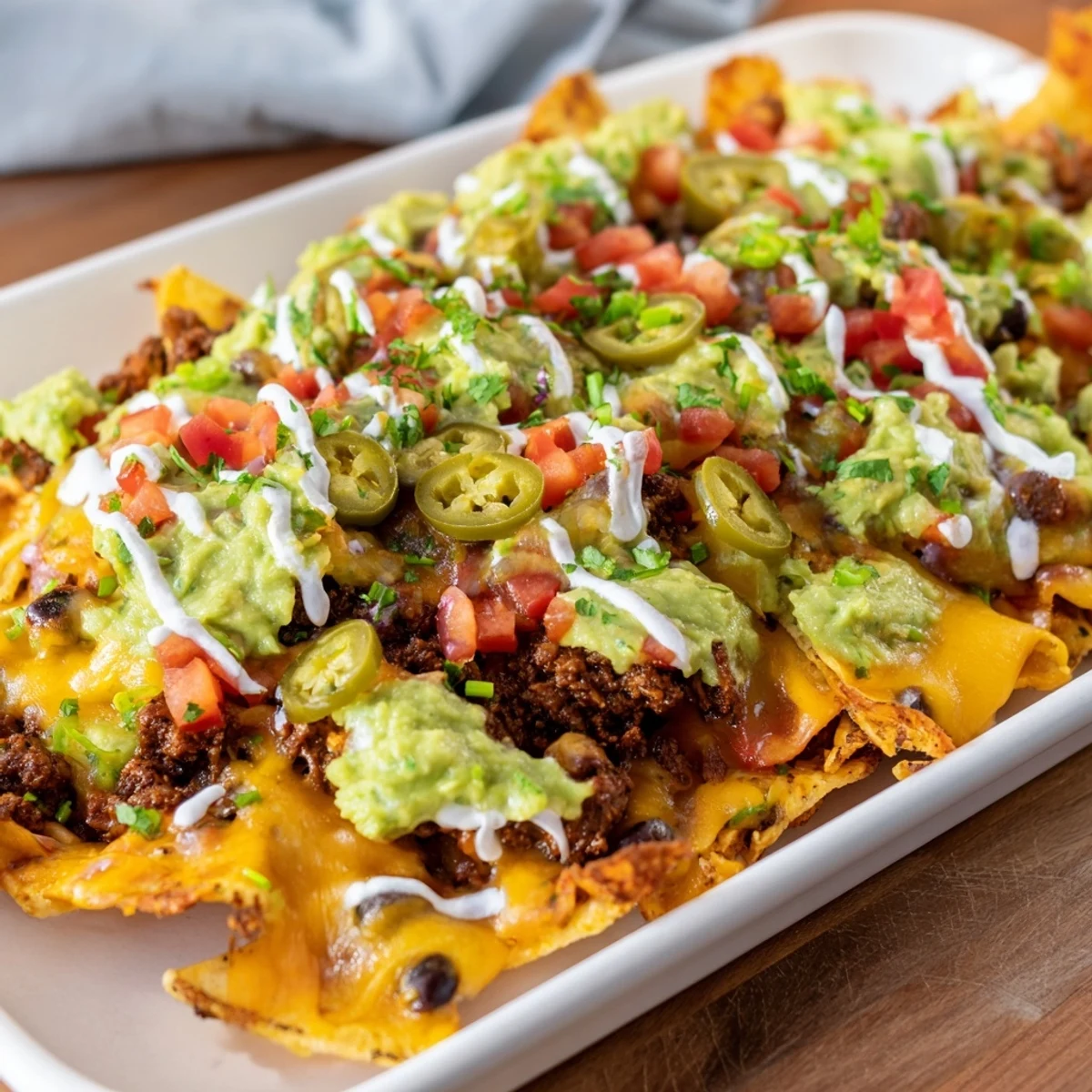 A sizzling Football Field Nacho Platter topped with melted cheese, black olives, and fresh toppings.