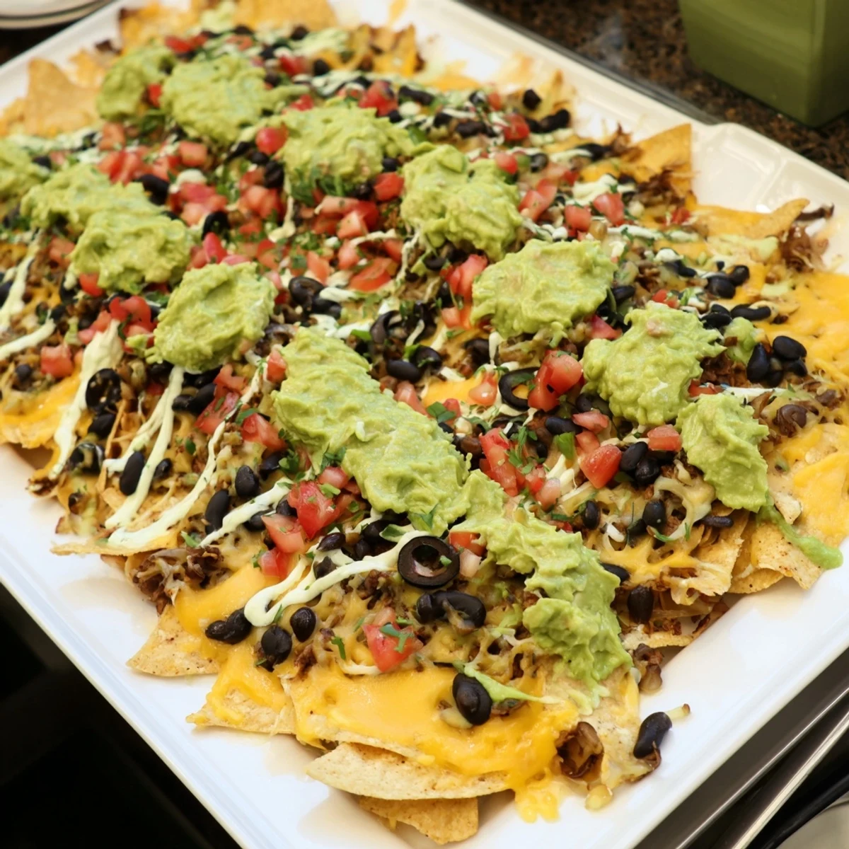Melting cheese coats crispy tortilla chips in this festive Football Field Nacho Platter, ready for sharing and enjoyment.