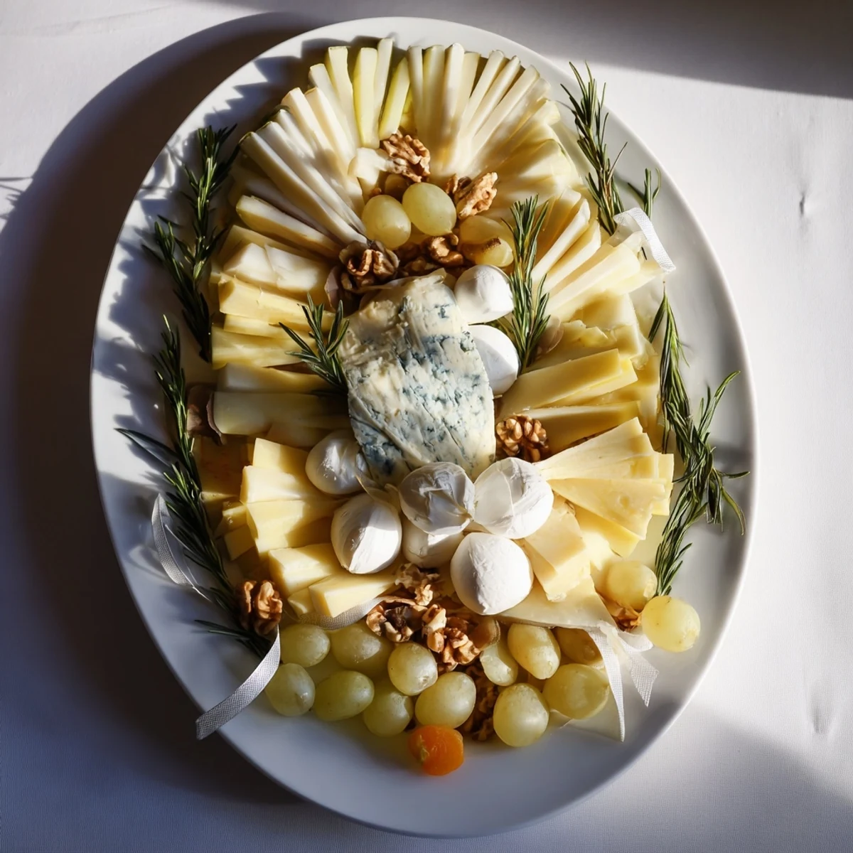 A beautifully arranged Rugby ball cheese board featuring creamy brie, colorful fruit, and savory meats.