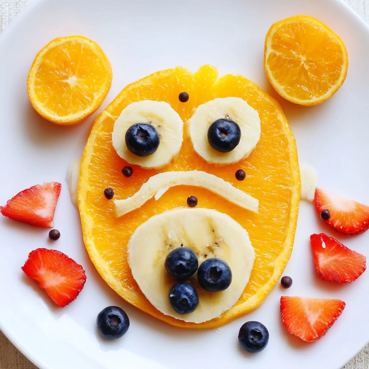 Vibrant orange slices create a cheerful bear face on this kid-friendly fruit board.
