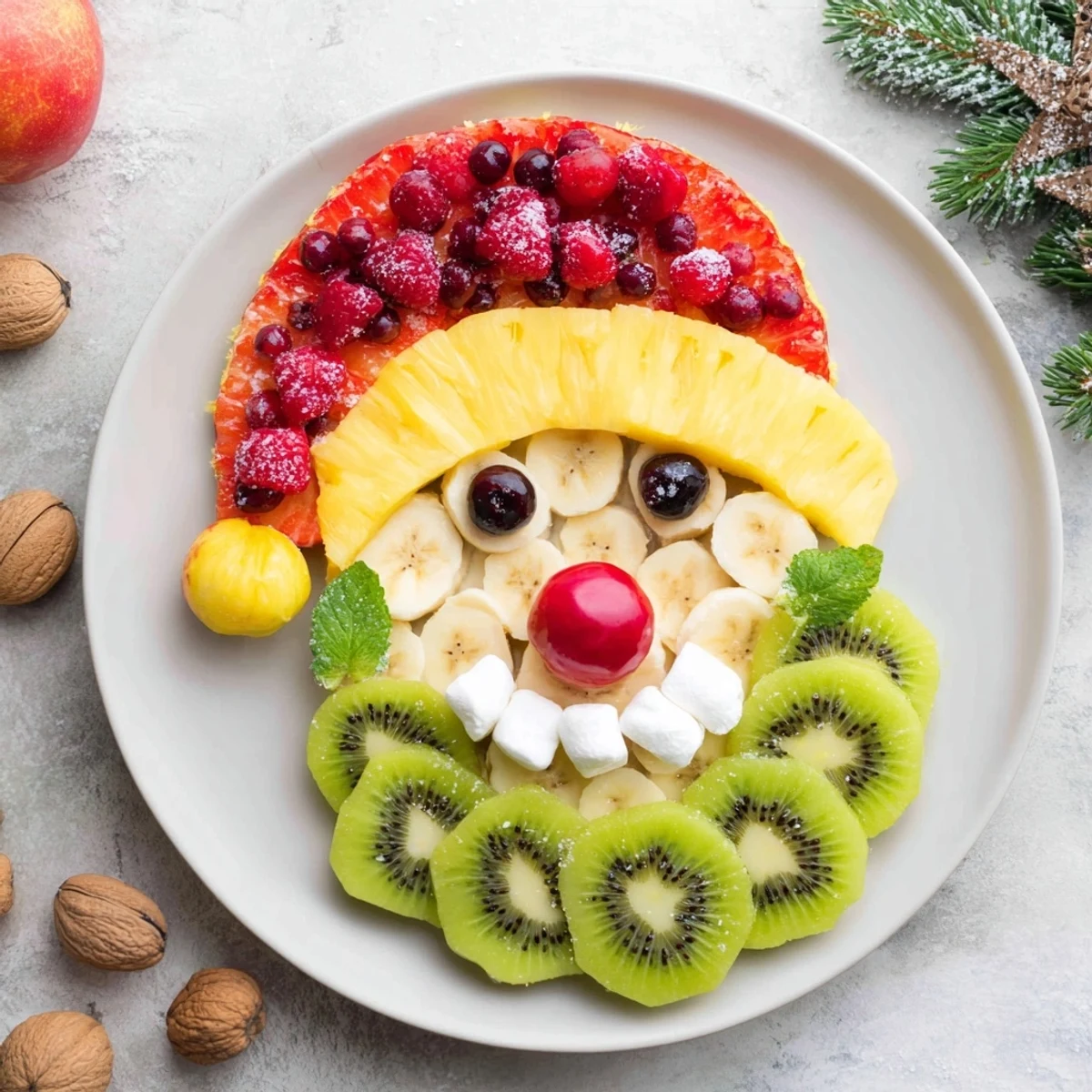 Santa fruit platter with a playful pineapple beard, showcasing colorful, fresh fruit ready to enjoy.