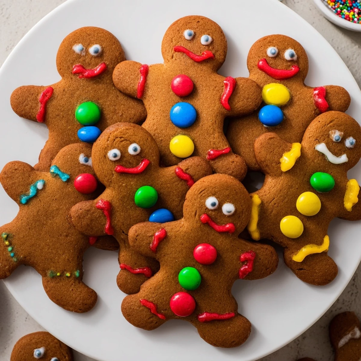 Decorating gingerbread people: a festive board overflowing with colorful icing and sweet candies around the baked cookies.