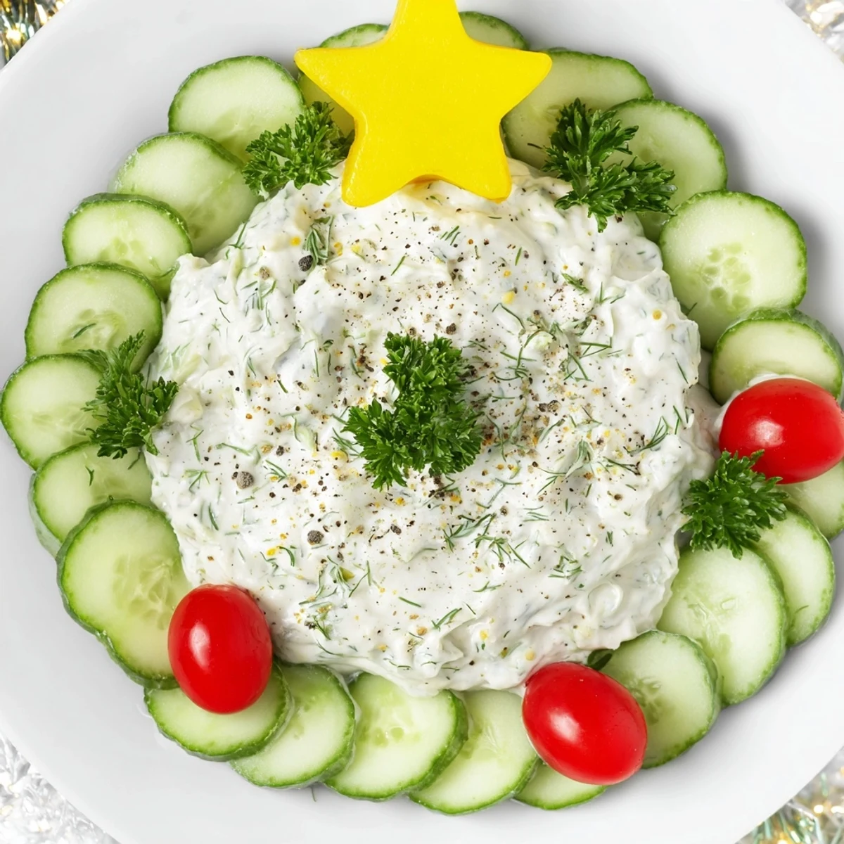 Holiday appetizer offering, a fresh Cucumber and Tomato Tree Dip Platter with delicious, creamy base and veggie "tree."