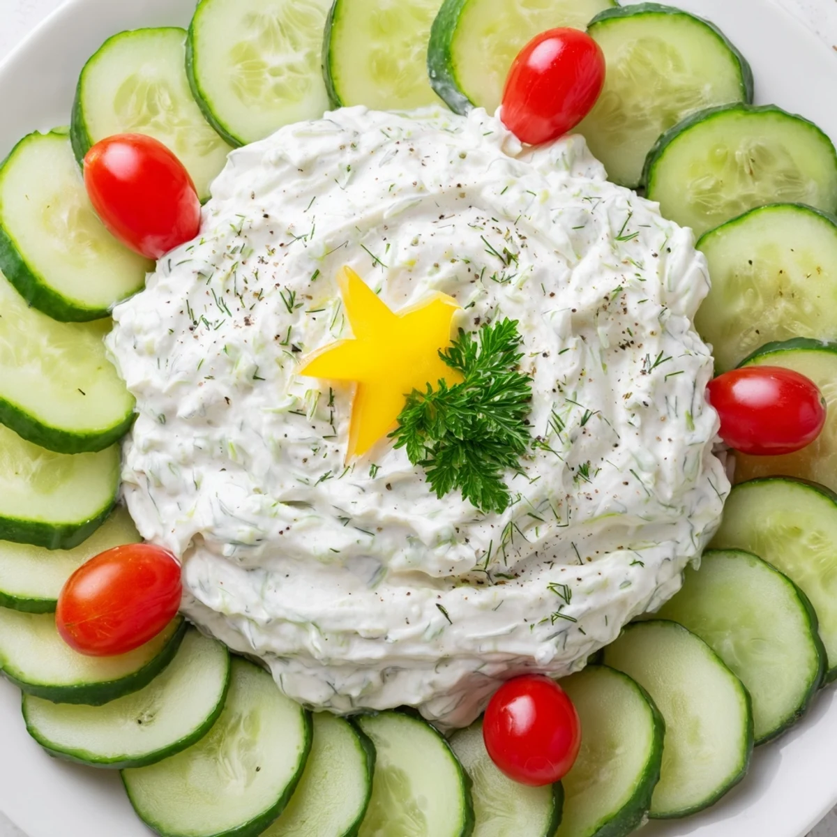 A festive Cucumber and Tomato Tree Dip Platter, creamy dip surrounded by vibrant cucumber and tomato slices.