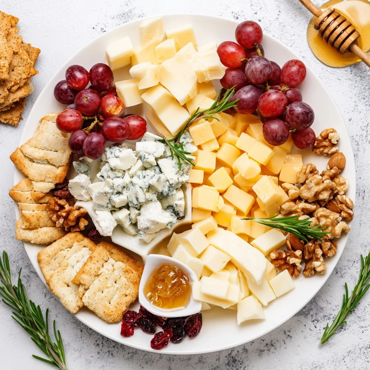 Vibrant Cranberry Grape Man Cheese Board: a colorful appetizer with assorted cheeses and fresh fruits.