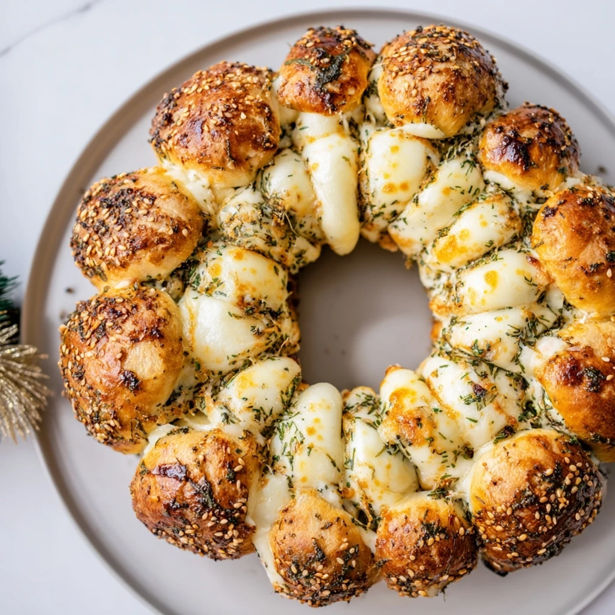 Warm and inviting, the Festive Pull-Apart Bread Wreath features a soft interior and enticing aroma of fresh baking.