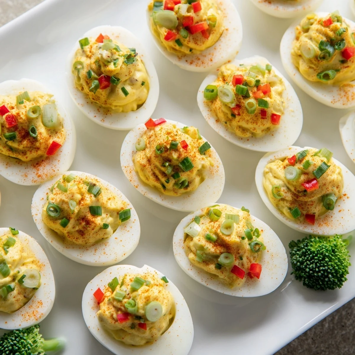 Christmas Tree Deviled Eggs Platter with vibrant peppers and paprika, ready to serve as a festive appetizer.