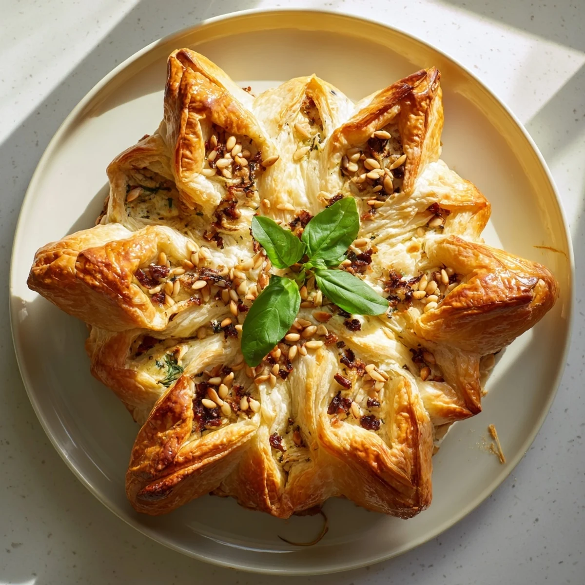 Golden-brown Poinsettia Puff Pastry Appetizer reveals a creamy, savory filling perfect for holidays.