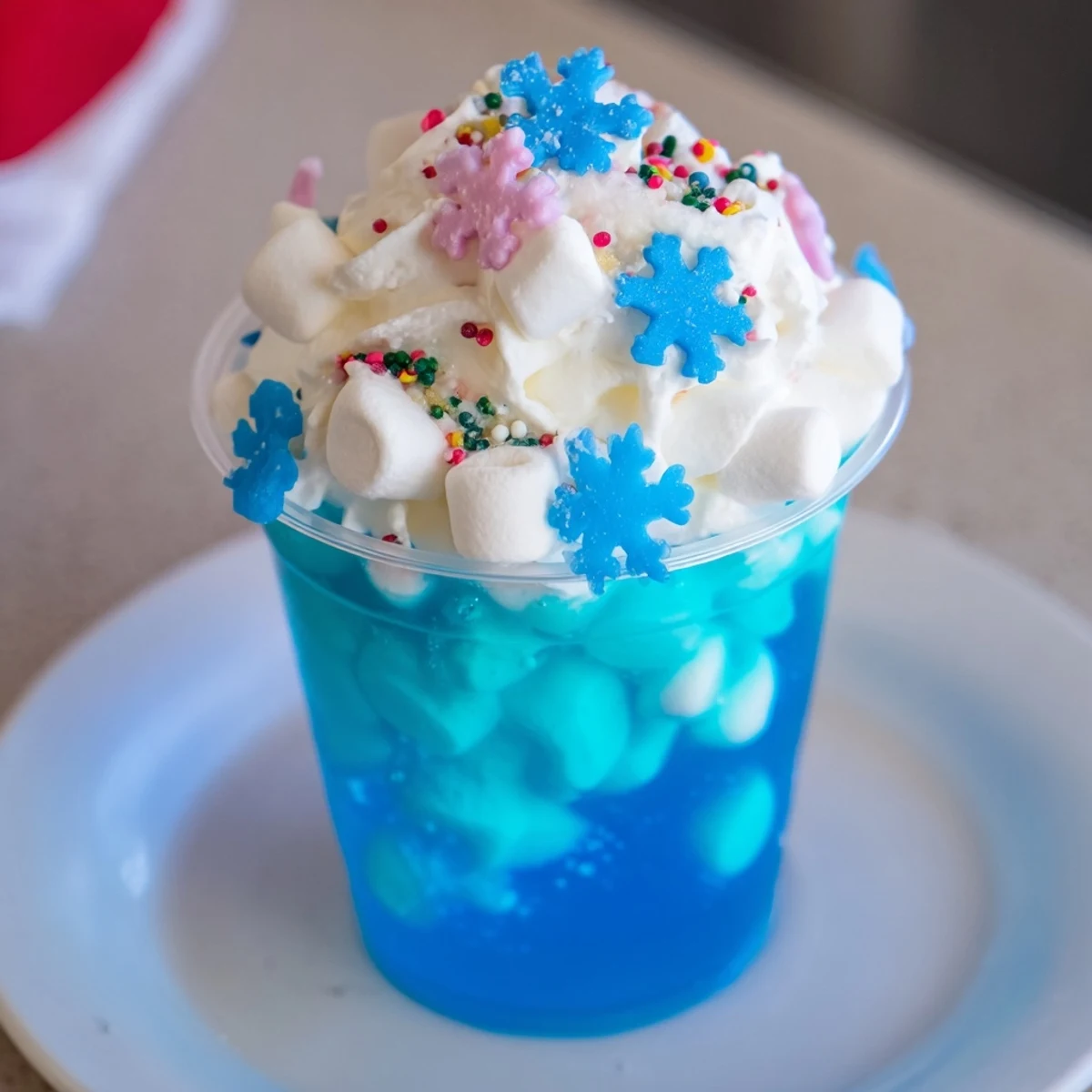 These adorable snow globe Jello cups are a fun dessert with festive sprinkles over blue gelatin.