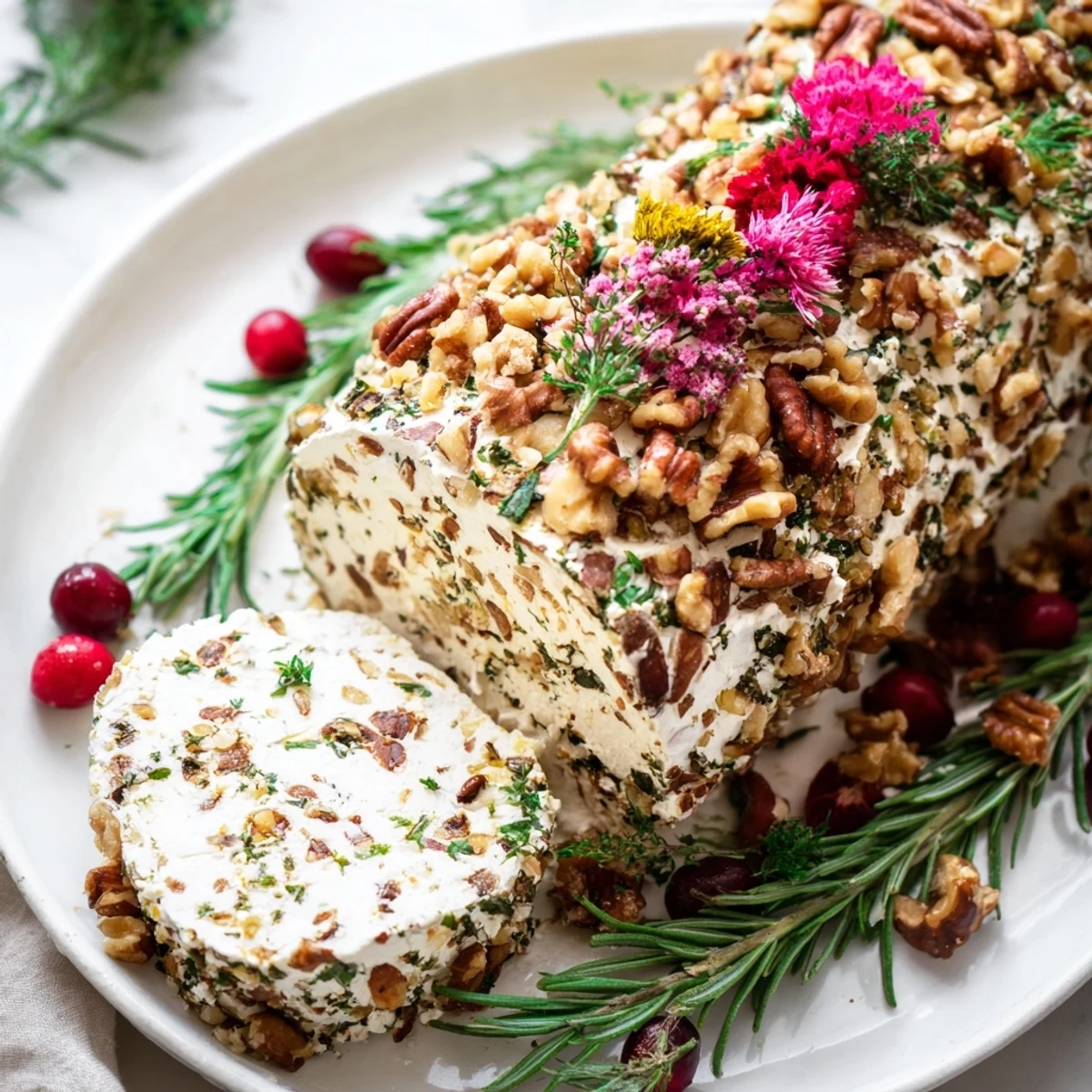 Festive Yuletide log cheese centerpiece, coated in herbs, nuts, and shaped like a holiday log ready to serve.