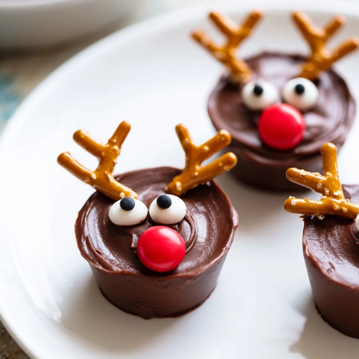 A close-up of decorative chocolate reindeer pudding cups, a delightful dessert board for any gathering.