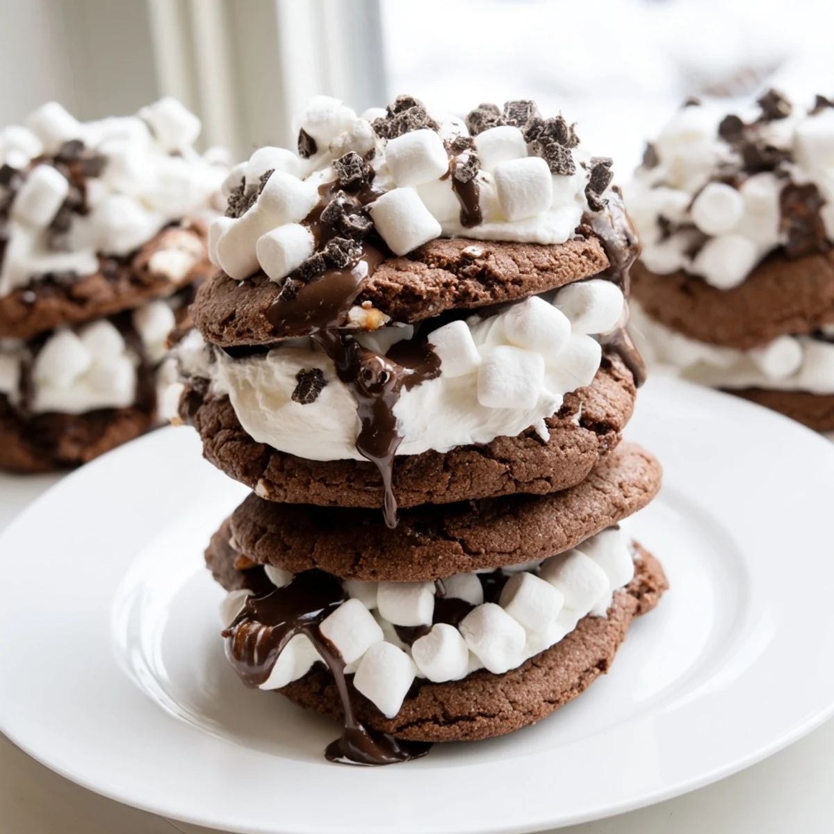 Warm stacked Hot Cocoa Mug Cookie desserts, swirled with marshmallow frosting and drizzled chocolate.